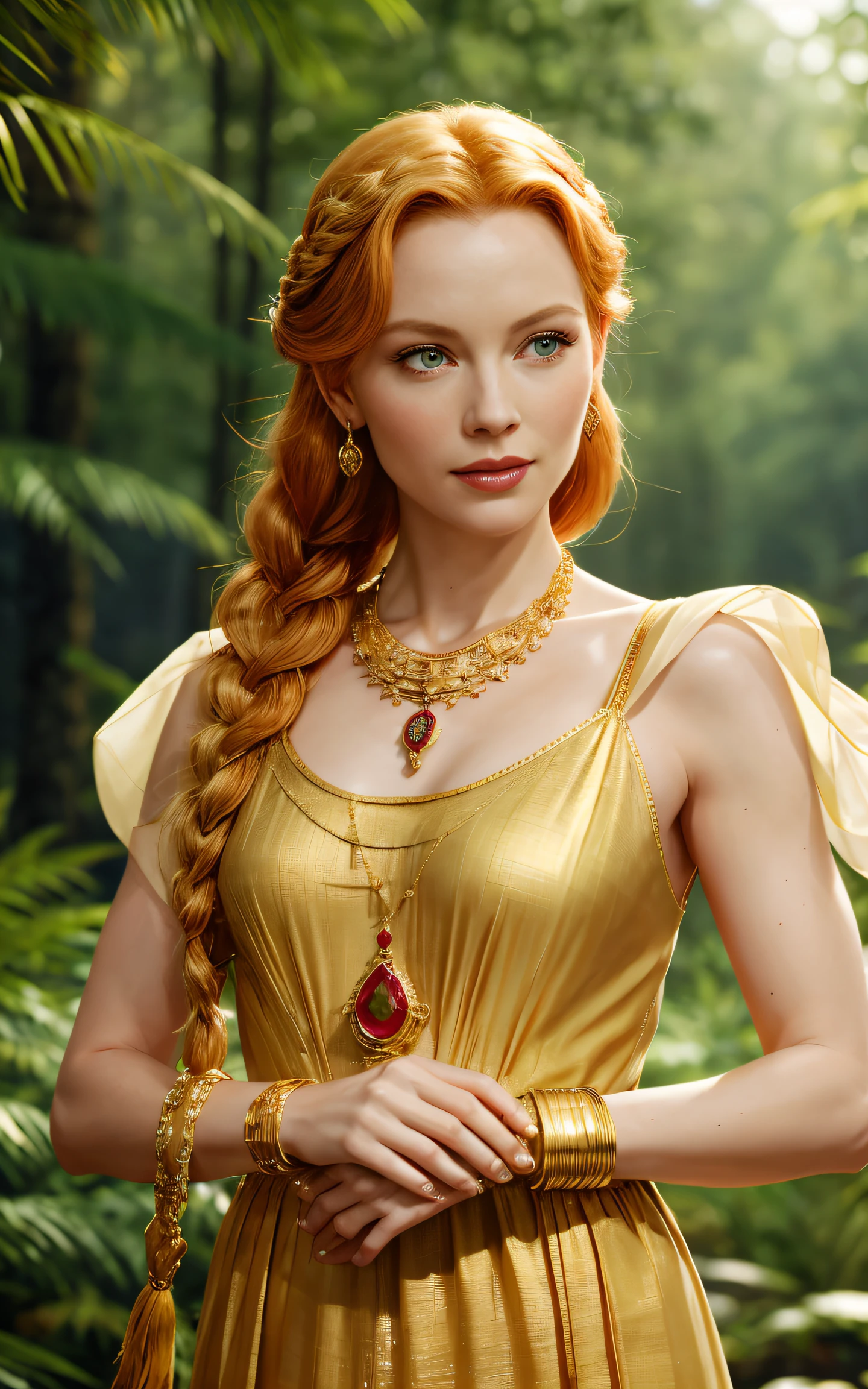 (Grace Kelly:Marilyn Monroe:0.5), A 35-year-old woman with ginger hair, green eyes, one large braid, a gold necklace with a ruby pendant, dressed in a white Greek tunic and Roman sandals, with gold bracelets on her arms, forest in the background, masterpiece, hyperdetailed, cinematic lighting