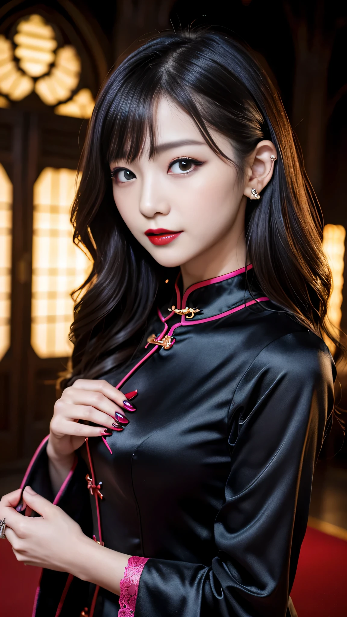 Super detailed、Japanese、charming beauty、seductive adult woman、Beautiful woman、sharp eyes、cool girl、wavy hair、long black cheongsam、wide sleeve、evilの幹部、evil depravity、brainwashing、Mind control、apply lipstick、grin、evilな表情、evil、empty eyes、evil、church at night、vampire、vampire、Hypnosia makeup brush
