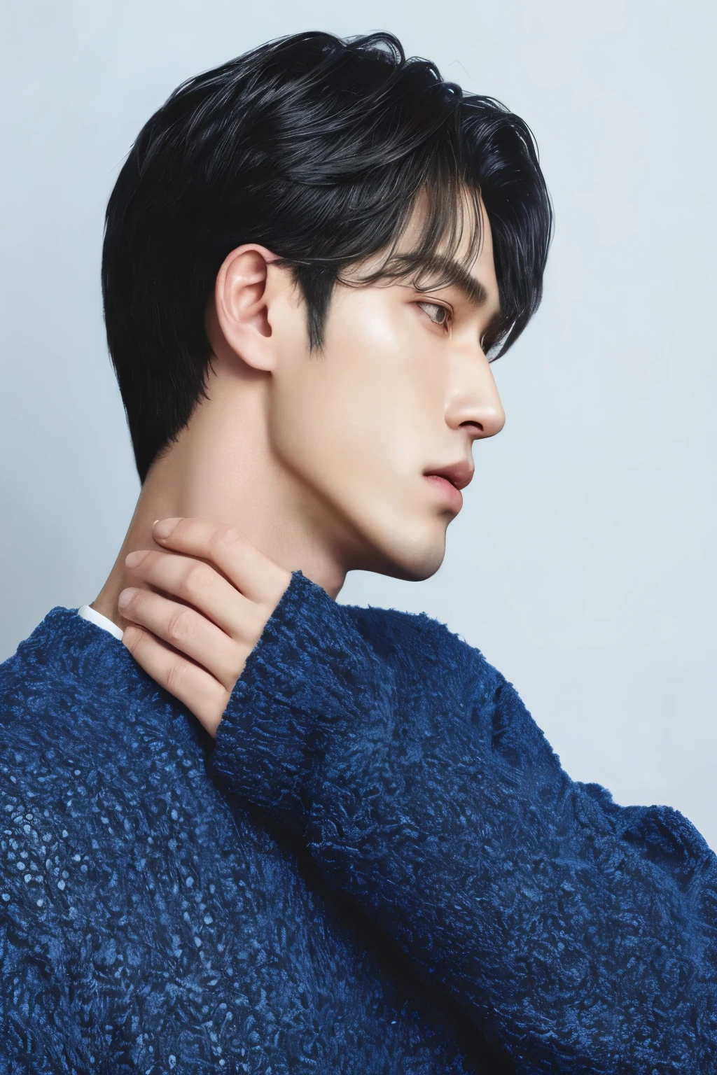 a closeup of a person wearing a blue sweater, kim doyoung, lee wonbin, cai xukun, jinyoung shin, hyung tae, Jung Jaehyun, beautiful androgynous prince, quien es siwoo, por Tadashi Nakayama, delicate androgynous prince, jungkook, prominent jaw, kim taejin, inspirado por Zhang Han, handsome prince