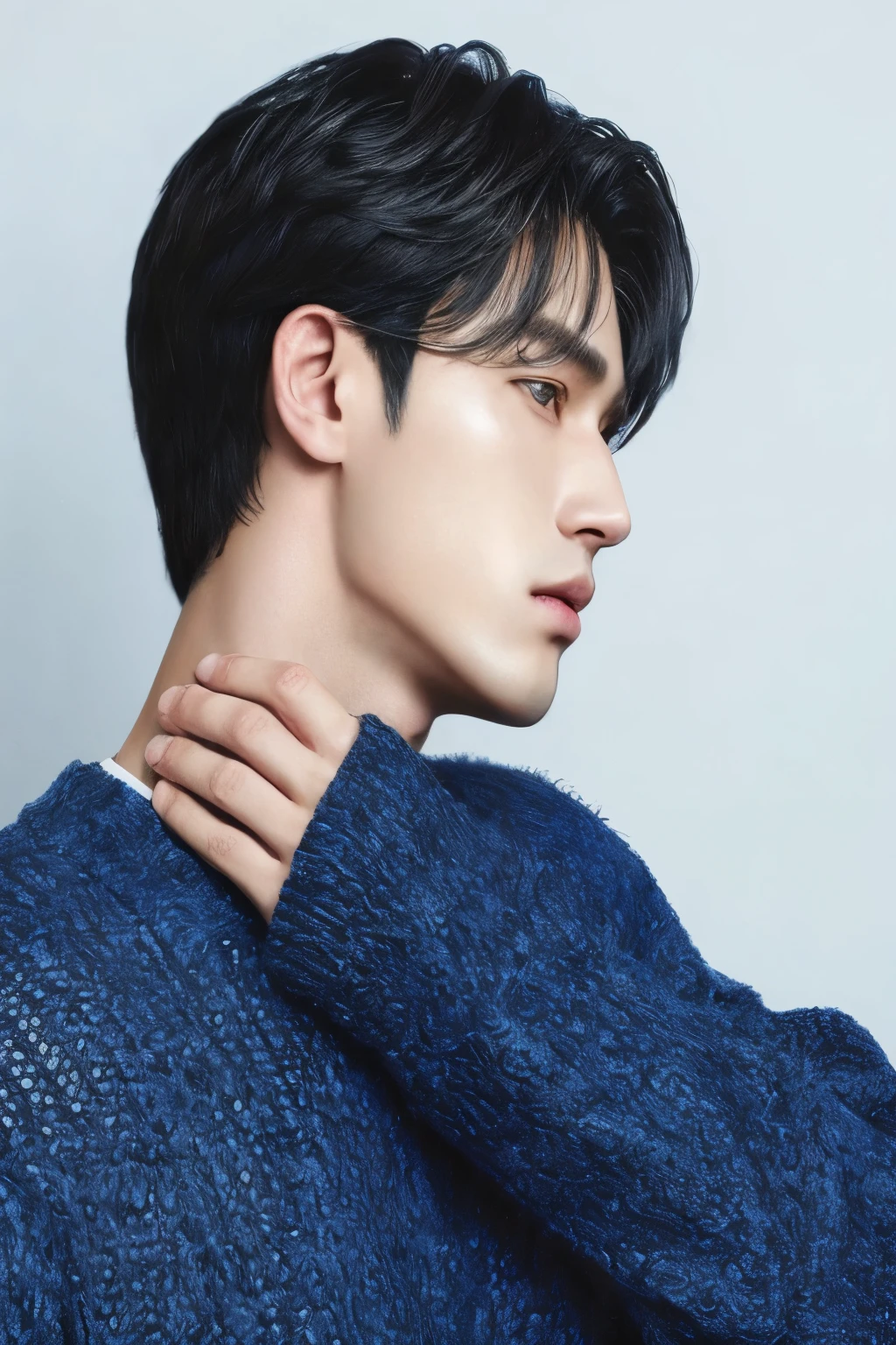 a closeup of a person wearing a blue sweater, kim doyoung, lee wonbin, cai xukun, jinyoung shin, hyung tae, Jung Jaehyun, beautiful androgynous prince, quien es siwoo, por Tadashi Nakayama, delicate androgynous prince, jungkook, prominent jaw, kim taejin, inspirado por Zhang Han, handsome prince