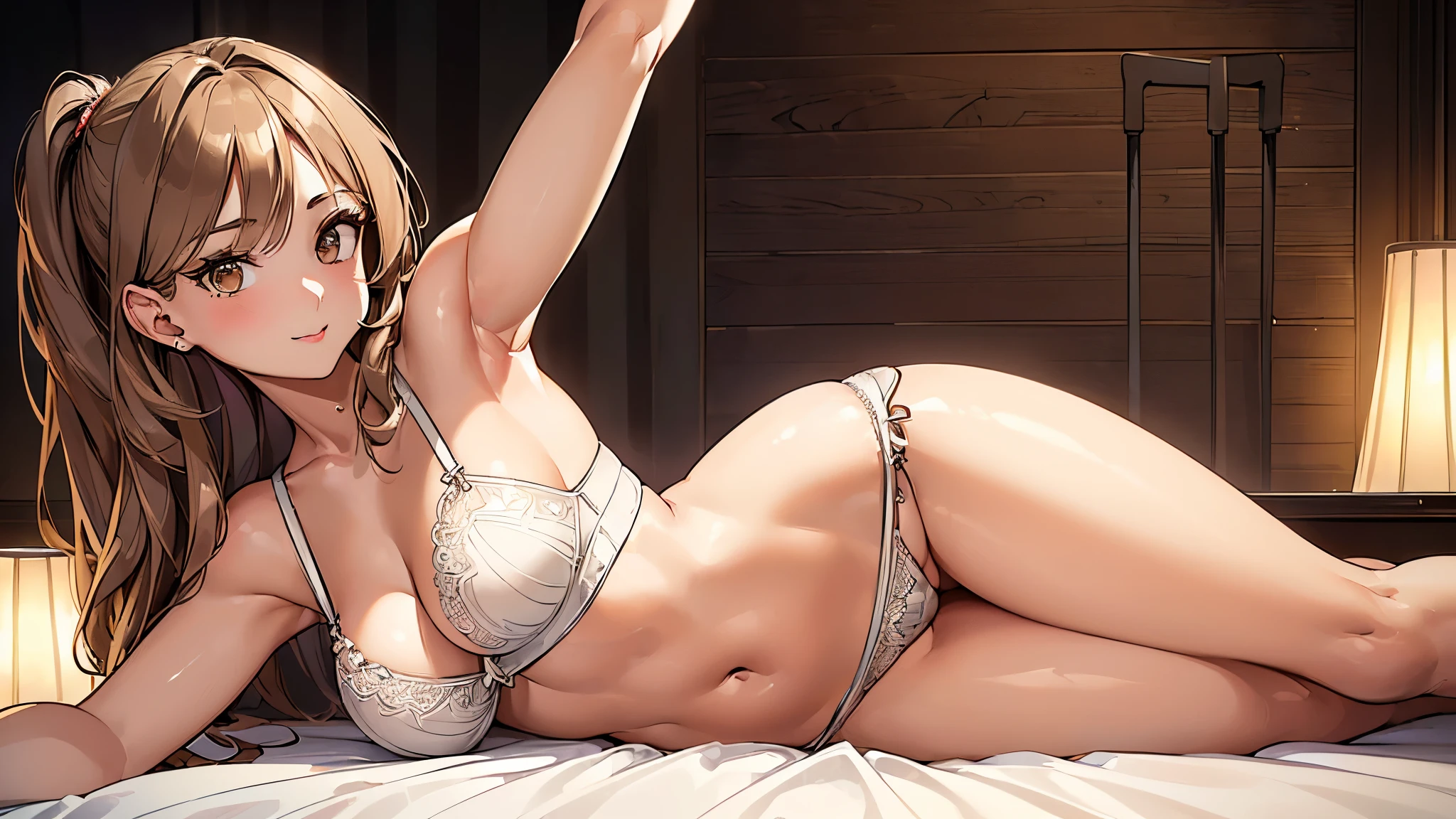 ((highest quality)),(ultra high resolution),(Super detailed),(detailed description),((best CG)),(best work of art),super precision art,amazing drawing art,(Art with precise details:1.5), (1 adult female:1.6),(beautiful and well-shaped face:1.5),smile:1.6,makeup:1.4,(Cute and detailed underwear:1.8),(light brown eyes:1.6),(stretch your arms forward:1.6), (she's inviting you on the bed:1.5)