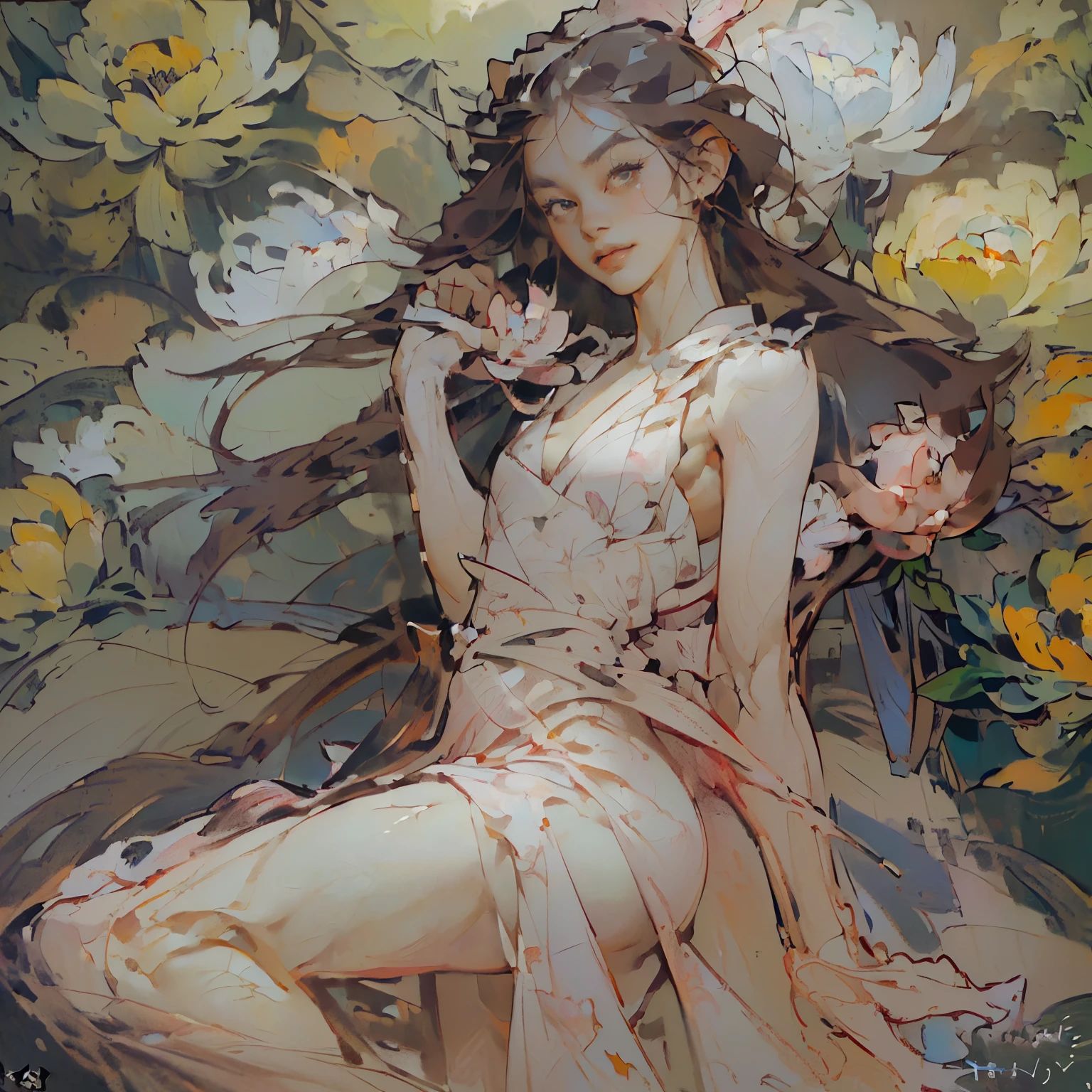 ((Create), (young girl, , naked, full growth, dark hair, light skin, scarlet lips, smile; black, expressive playful eyes, long eyelashes), (female naked body, fantastic space), (flowers, chrysanthemum lilies, peonies, 1 full-length girl-solo, beautiful breasts), (girl, bare shoulders, (ecchi0.5), lips, splash of water, (Flowers:0.6), (birds:0.2), (bamboo0.1) , (lakes), (very beautiful, naked girl, full height, relaxed pose, slight turn of the body, facing the viewer, beautiful small breasts), (dressed; black translucent chiffon dress, gold line, very short peignoir dress), (calm relaxed pose, hair fluttering in the wind, half turn, look at the viewer, stylish girl model)).((Background - fantastic space, flower garden, graphic clear line, stylized - graphic, (lily flowers, peonies, chrysanthemums ) - (stunning blooming irises; (purple, yellow, blue, white), (modern style, modern, very beautiful young girl). (High quality, masterpiece). ((The highest quality of workmanship, realism, oil painting, modern brushwork, the hand of a master, grace, simplicity of execution)).