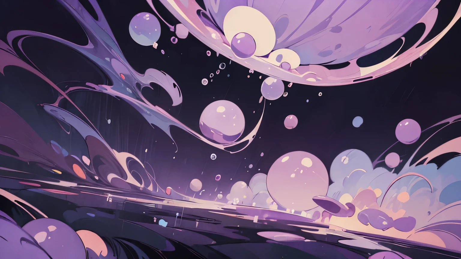 ((Masterpiece)), (Anime:1.3), ((best quality)), (abstract art:1.5), (High Definition), (pale purple), wide shot, (Big soap bubbles), ((erotic atmosphere)), (simple dark background:1.3), landscape, (Beautiful),