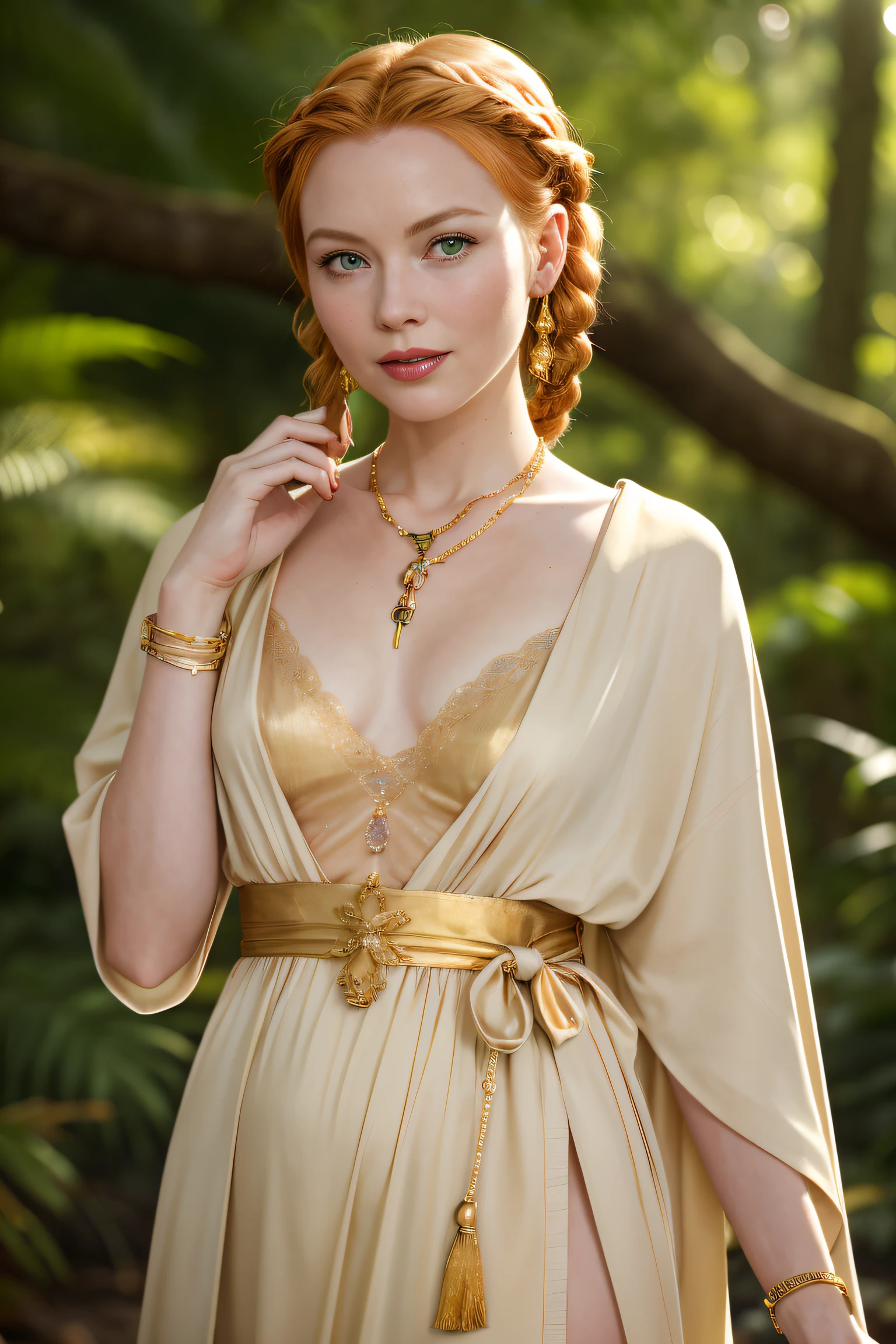 (Grace Kelly:Marilyn Monroe:0.5), A 35-year-old woman with ginger hair, high detail face, high detail skin, detailed green eyes, twin braids, a gold necklace with a ruby pendant, wearing a plunging white Greek robe, Roman sandals, gold bracelets on her arms, legs, forest in the background, masterpiece, extremely high detail, cinematic lighting, backlight, shallow depth of field, bokeh, sharp focus, RAW photo
