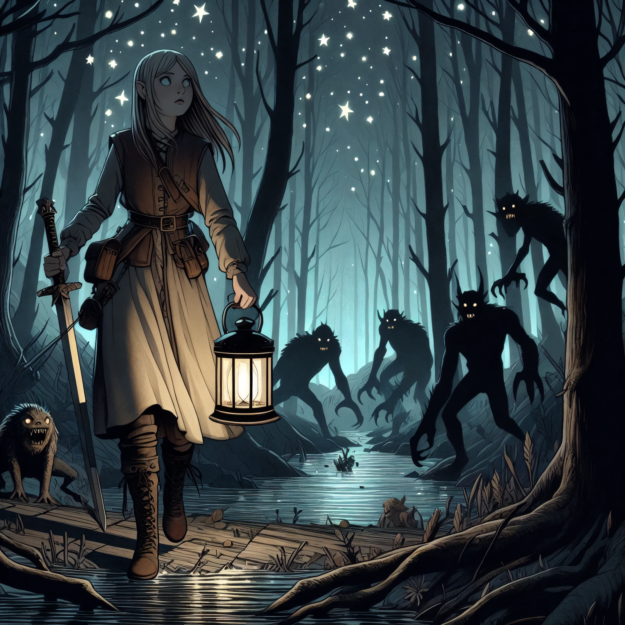 A woman in a white dress holds a lantern in a forest, eine bedrohliche Fantasy-Illustration, dunkle Fantasy-Illustration, dnd in einem dunklen Wald, und Mumford Tom Bagshaw, im Stil der dunklen Fantasy-Kunst, Kunst im dunklen Fantasy-Stil, dunkle Fantasy-Kunstwerke, Fantasy-RPG-Buchillustration, Dunkle Fantasy-Horror-Kunst, El Bosco und Dan Mumford, im Stil von Dan Mumford Artwork
