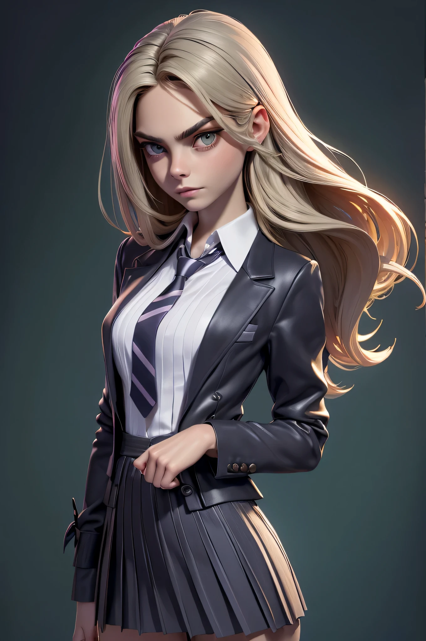 SKS woman, Cara Delevingne, , gynoid physics, (One:1.1), Cara Delevingne, perfect face, (((night color striped headband))), (((night skirt suit))), (((pleated school miniskirt))), (((night color jacket))), (((Silk tie))), Windsor tie, (((White shirt))), cup size E, big bust, (((Night color miniskirt with 1 horizontal gold stripe))), One focus, fully dressed, elegantly dressed, tranquility, Elegant hairstyle, long hair, dark green hair, dark green eyes, beautiful detailed eyes，bright students，（very good and beautiful），（Beautiful and detailed description of the eyes), [[gentle fingers and hands:0.55]::0.85], (detail fingers), Facing the camera, (Background with：school corridor，mystical atmosphere), (Illustration, cartoon, Masterpiece, very detailed, Best quality，cinematic lighting，muted colors, detailed background, A high resolution)