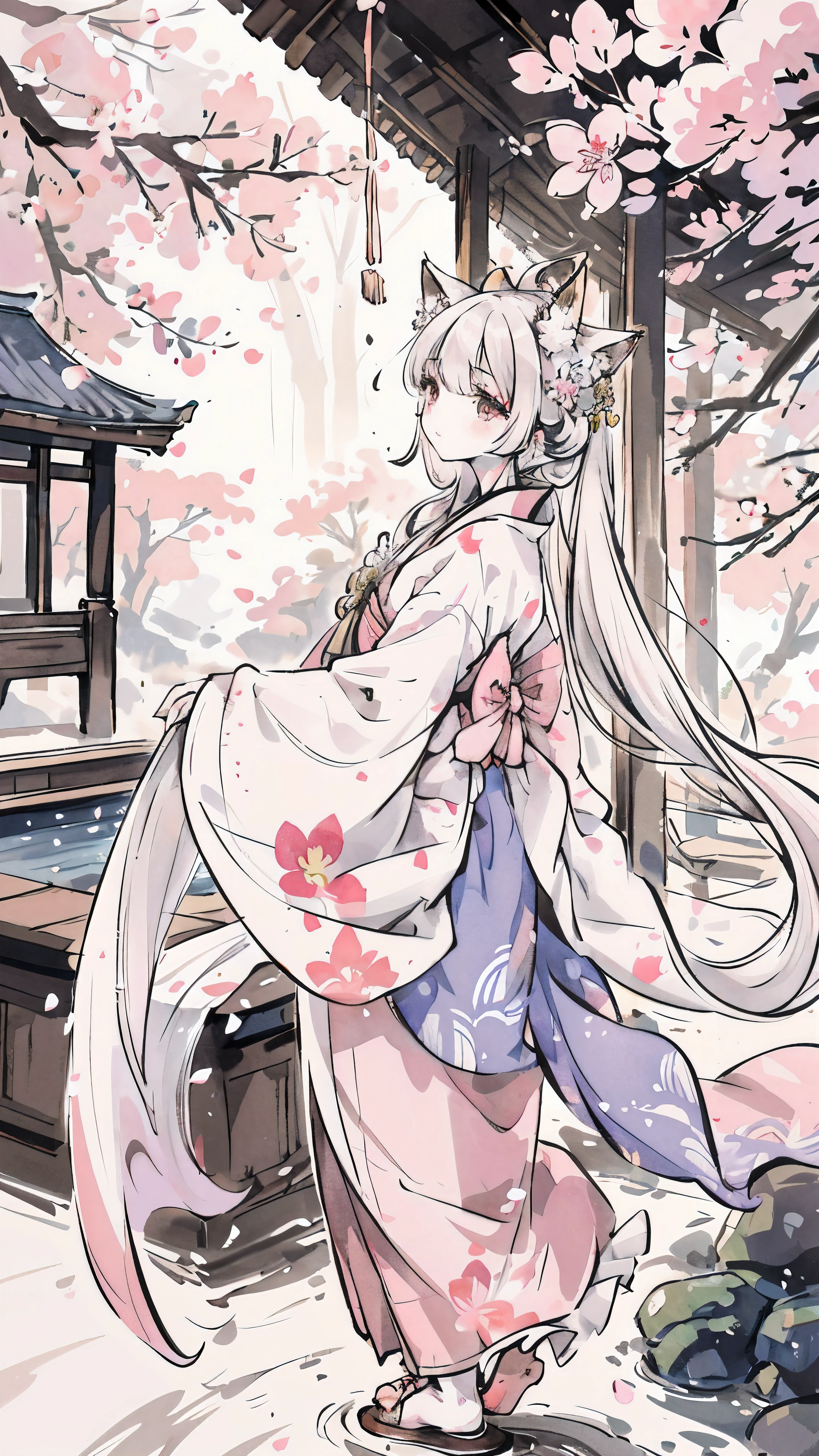 fox ears, fox tail, fluffy tail, ((4k,masterpiece,highest quality)), Shuimobisim, traditional chinese ink painting, lotus, Hanfu, maxi kit, dress modestly, alone, blue long hair, smile, Are standing, feet in the water, barefoot, addition_detailed:1, addition_detailed:0, addition_detailed:0.5             fox ears, fox tail(beautiful detaileded eyes, long eyelashes), cherry blossoms, traditional japanese garden, soft lighting, Bright colors, fantastic atmosphere, (peaceful look), elegant pose, traditional Japanese art style, subtle texture, (pink and white color palette), (Delicate floral pattern on kimono)