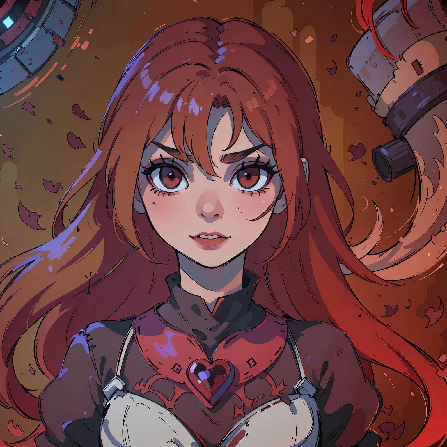 (best quality,4k,8k,highres,masterpiece:1.2),ultra-detailed,(realistic,photorealistic,photo-realistic:1.37),blood red hair,blood red eyes,extremely detailed eyes and face,lighter skin, detailed teeth,vivid colors,dark shadows,dramatic lighting,gothic,horror,portrait,very red hair,beautiful nose,smile, Do not alter the hair fringe,Red lipstick
