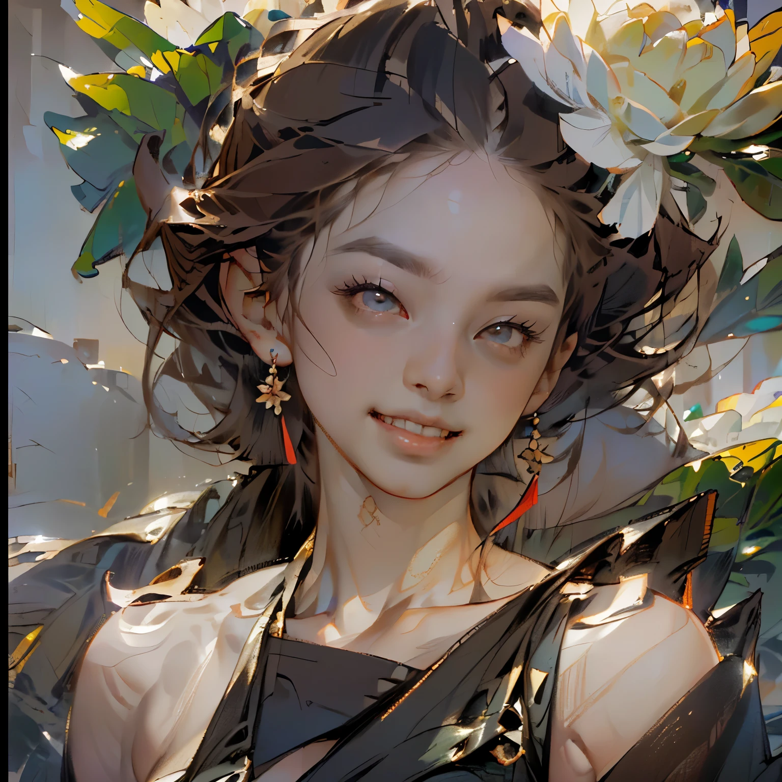 ((Masterpiece, Best quality: 1.2), (Create MAxZenArt!))_((Top quality, oil painting, virtuoso execution, wonderful masters))_((Final fantasy (Yuna),(young girl - 16 years old, nude, full growth, naked body, dark hair, light skin, scarlet lips, smile; black, expressive eyes, long eyelashes))_((Girl with brown hair, dressed; black translucent chiffon dress, gold line, very short peignoir dress , (erotica), (sexuality), (calm relaxed pose, hair fluttering in the wind, half a turn, look at the viewer, stylish girl model))_((Beautiful character painting, soft anime computer graphics, realistic anime art , sexy girl, photorealistic rendering of an anime girl, painting-realism, digital art))_ ((Background- flower garden, pictorial writing, stylized- virtuosic brushwork, graphic, (stunning; flowers lilies, peonies, chrysanthemumodern style)_(High quality, masterpiece)).