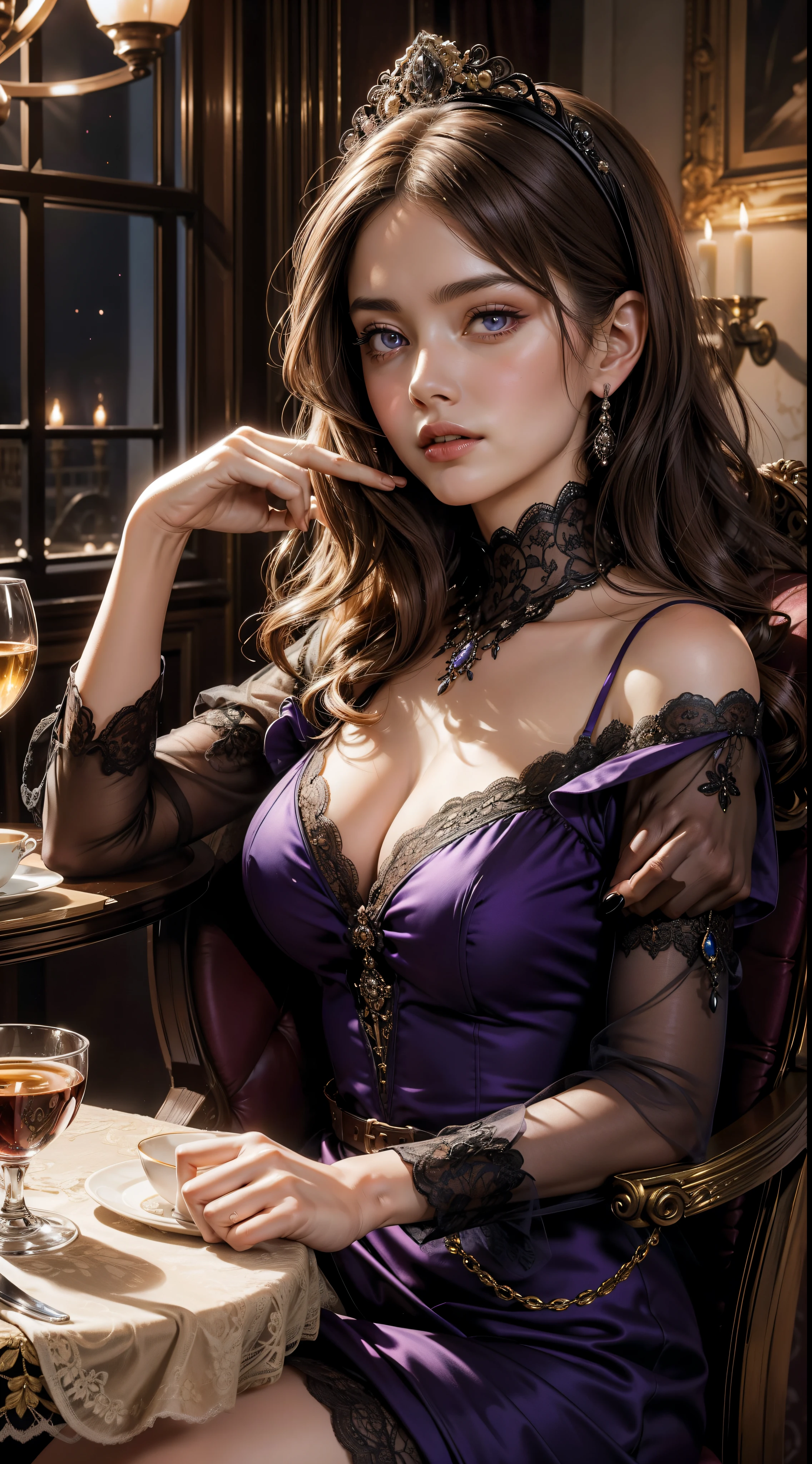 Woman with Brown Hair and Violet Eyes Sitting in a Victorian Tea Room with Noblewomen

The elegant woman, adorned with brown cascading curls that shimmered under the soft candlelight, gracefully sat among her noble peers in the ornate Victorian tea room. Her violet eyes, as deep and captivating as the night sky, sparkled with intelligence and warmth. Her attire, a stunning violet gown with intricate lace designs and a high neckline, echoed the regal elegance of her demeanor. The tea room, filled with the faint aroma of herbal tea and the gentle clinking of porcelain teacups, resonated with