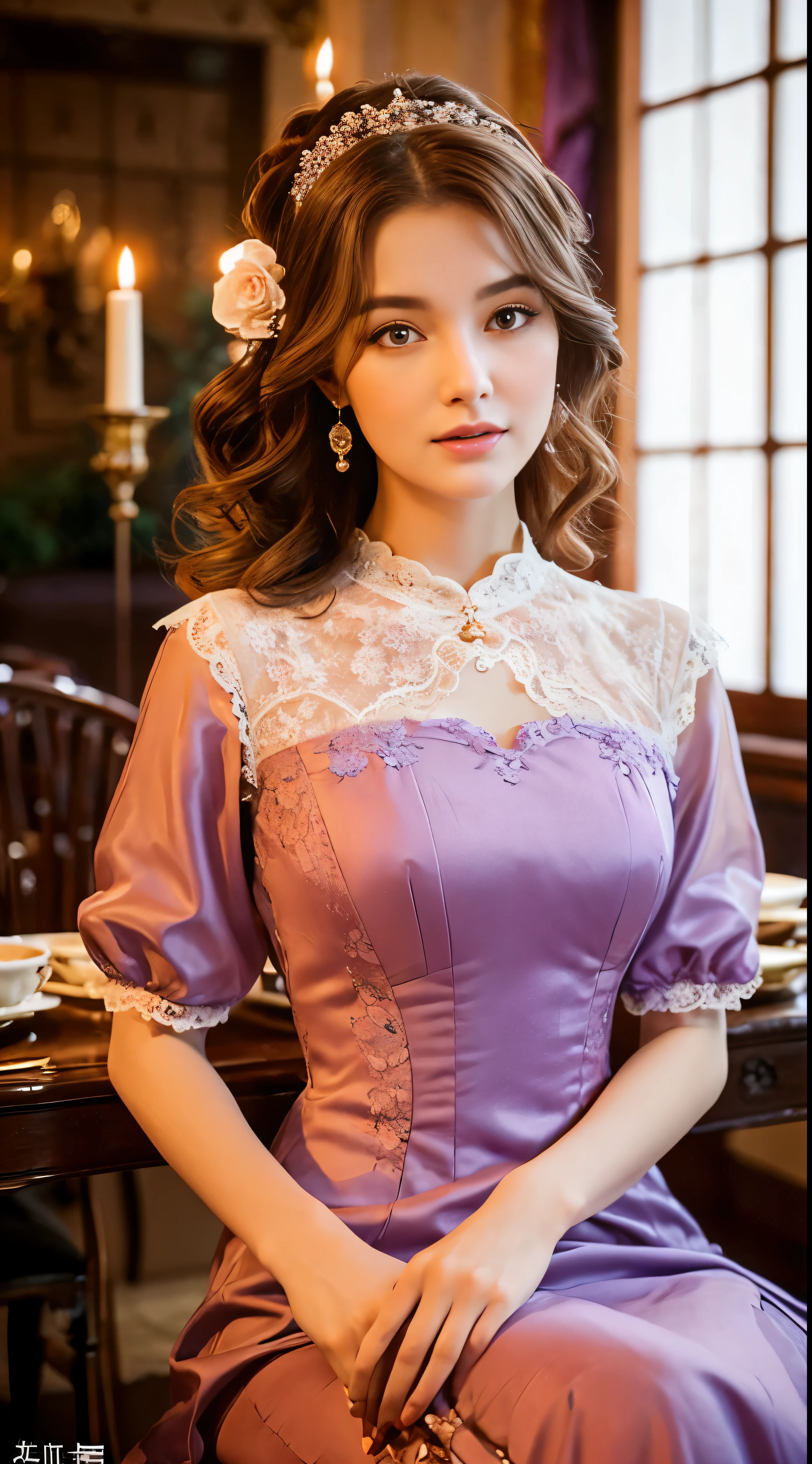 A brown-haired and purple-eyed woman sits in a Victorian tea room with noble ladies. An elegant woman is adorned with cascading brown curls that shimmer in the soft candlelight.、Sitting gracefully among noble companions in an ornate Victorian tea room。her purple eyes、Deep and enchanting like the night sky、Shining with intelligence and warmth。her clothes are、In a stunning orange gown with an intricate lace design and a high neckline、her attitude hall々It reflected the elegance of。With a faint herbal tea scent、The tea room is filled with the gentle sound of ceramic bowls.、