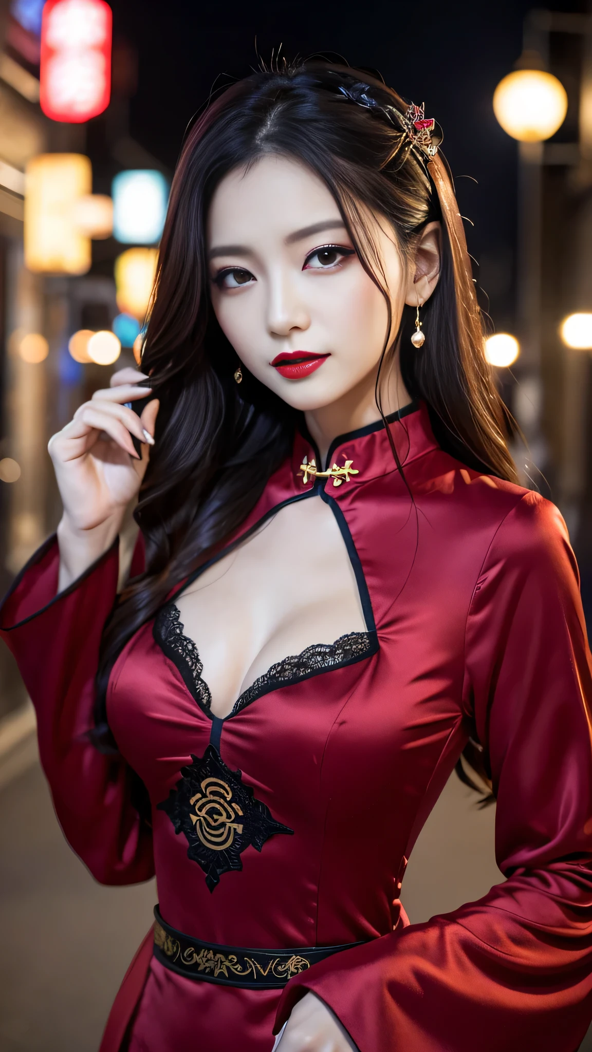Super detailed、Japanese、charming beauty、seductive adult woman、Beautiful woman、sharp eyes、cool girl、wavy hair、long black cheongsam、wide sleeve、evilの幹部、evil depravity、brainwashing、Mind control、apply lipstick、grin、evilな表情、evil、empty eyes、evil、church at night、vampire、vampire、Hypnosia makeup brush
