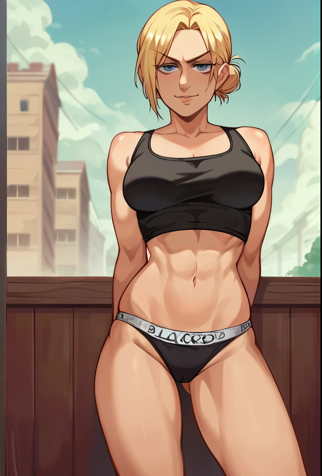 score_9, score_8_up, score_7_up, source_anime, solo, 1girl, attack kn titan, annie leonhart, smug, sinister smug expression, evil, looking at viewer, arms behind back, blonde hair, blacked, blacked underwear, BBC