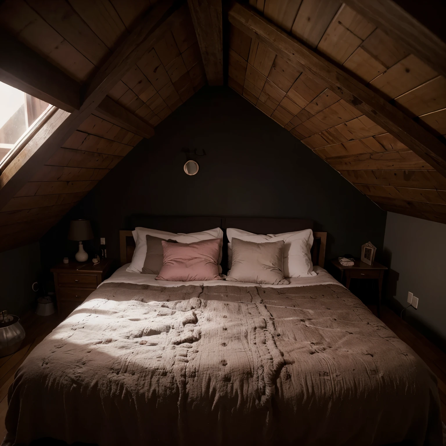 Una habitacion oscura, no muy grande, sin ventanas donde hay una cama, una mesa de noche, una tina, un ticador con perfumes y maquillaje, un armario y encima de este un baul rosa que llama la atencion, a cozy room but with a strange and chilling aura