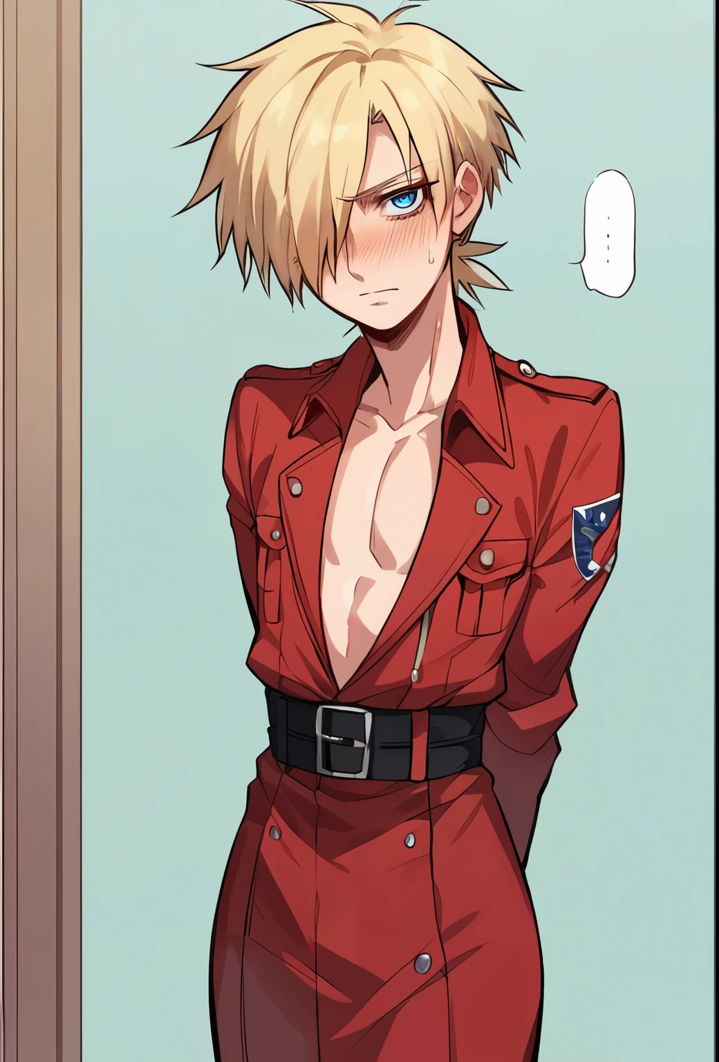 score_9, score_8_up, score_7_up, source_anime, solo, seras victoria, hellsing, smug sinister expression, 
Sinister, evil, looking at viewer, arms behind back, blonde hair, hair over one eye, blue eyes, Chines edress,  red gown,, sexy, flat chest, femboy, male, 1boy, genderbend, bulge, penis visible outline, penis bulge outline, open shirt, exposed thighs, precum