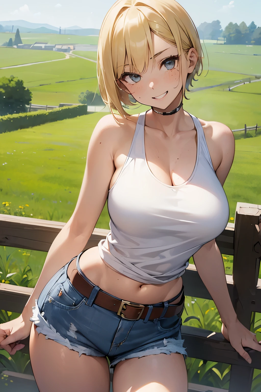 (((SHARP detail perfect face))), ((flat chest)), (nice hips), detailed skin, ((masterpiece)), best quality, (SHARP details), 4k, ((farmgirl)), (((farm))), (loose tank top),  ((white tank top)), ((blonde hair)), sweat, ((huge breasts)), amber eyes, looking at viewer, ((extremely short hair)), ((denim hotpants)), (hay), outdoors, solo, (asymmetric hair), (freckles), tanned, stable, ((wide hips)), slightly toned, (grinning), mischievous, ((leather belt)), (fence), good colors, good lighting, (seducing viewer), (tomboy), lewd, big ass,