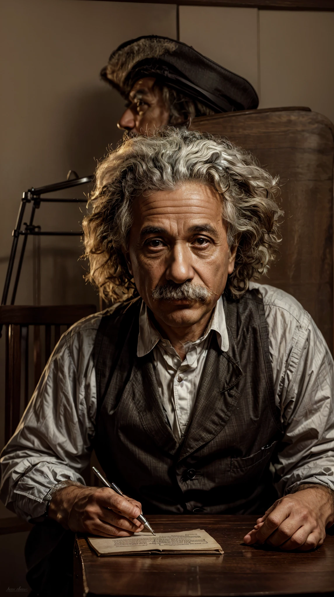 arafed image of a man sitting at a table writing on a piece of paper, albert einstein, einstein, portrait of albert einstein, portrait of einstein, intelligent man, albert einstein as a teenager, genius, philosopher, portrait shot, mark twain, professor calculus, amazing wallpaper, inspired by Yousuf Karsh, handsome man, biopic, portrait photo, intense knowledge