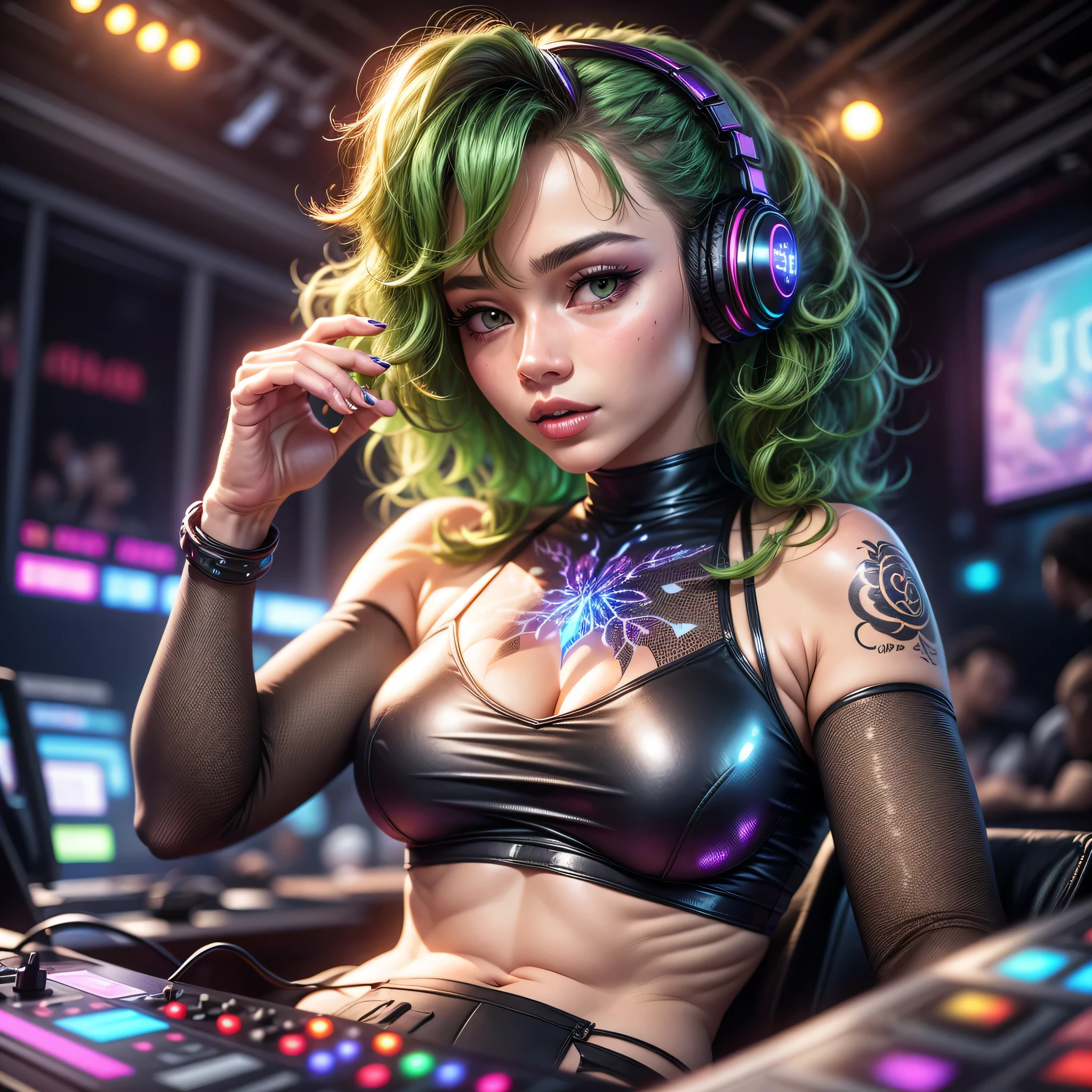 31 years old, Latina, Latina Woman, mature face, perfect and well designed glowing green shiny eyes, (beautiful detailed eyes:1.05), (small breats:1.45), curvy body, beautiful and delicate mature face, (face detail), ((realistic face)), pores, ((pale skin)), detailed skin, realistic skin, (((bioluminescence))), ((shiny skin)), (multicolored gradation skin), short hair, ((((green hair))))), ((curly hair)), (headphones), (galaxy_tank top and shorts), (bare shoulders:1.6), (cameltoe:1.7), (neckline:1.3), (cleavage:1.3), navel, (pale Skin:1.4), (((flower tattoos all over body, flower tattoos all over legs))), ultra detailed, photorealistic, ((Real image)), (best quality:1.4), super high resolution, (Realistic 2.0), More details, ((night time)), (rainbow lighting), disco ball, disco lights, night club, cyberpunk, ((playing DJ, DJ set, behind DJ Booth, DJ stage, DJ party)), large RGB Speakers, RGB lighting, galaxy background, milky way galaxy,