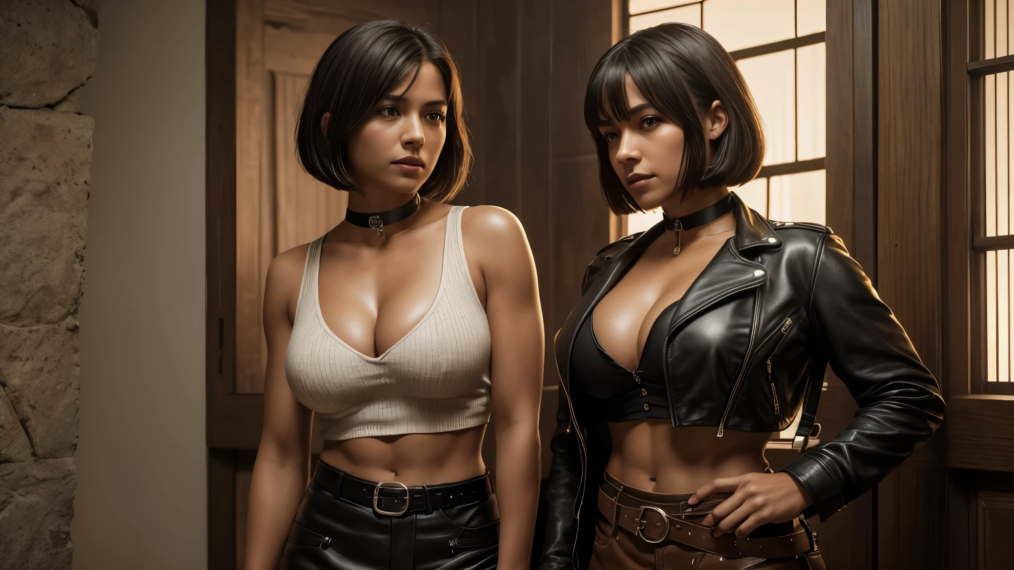 Isabel Merced and friend, looking out over the prairie:1.2, choker, bob_cut hair, dressed as a cowboy, leather shirt, mini leather skirt, (skin texture:1.1), (high detail face:1.1), cowboy_bodyshot, high detail body, high detail clothes, (big breasts:1.3),(masterpiece), (realistic), ultra high definition, 4k, ultra high resolution, film grain, cinematic lighting, rim lighting, photo by Arny Freytag, RAW image