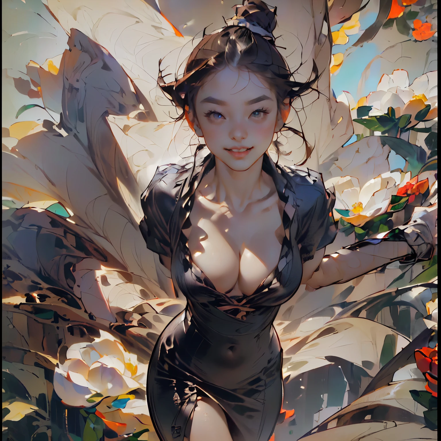 ((Masterpiece, Best quality: 1.2), (Create MAxZenArt!))_((Top quality, oil painting, virtuoso execution, wonderful masters))_((Final fantasy (Yuna),(young girl - 16 years old, nude, full growth, naked body, dark hair, light skin, scarlet lips, smile; black, expressive eyes, long eyelashes))_((Girl with brown hair, dressed; black translucent chiffon dress, gold line, very short peignoir dress , (erotica), (sexuality), (calm relaxed pose, hair fluttering in the wind, half a turn, look at the viewer, stylish girl model))_((Beautiful character painting, soft anime computer graphics, realistic anime art , sexy girl, photorealistic rendering of an anime girl, painting-realism, digital art))_ ((Background- flower garden, pictorial writing, stylized- virtuosic brushwork, graphic, (stunning; flowers lilies, peonies, chrysanthemumodern style)_(High quality, masterpiece)).