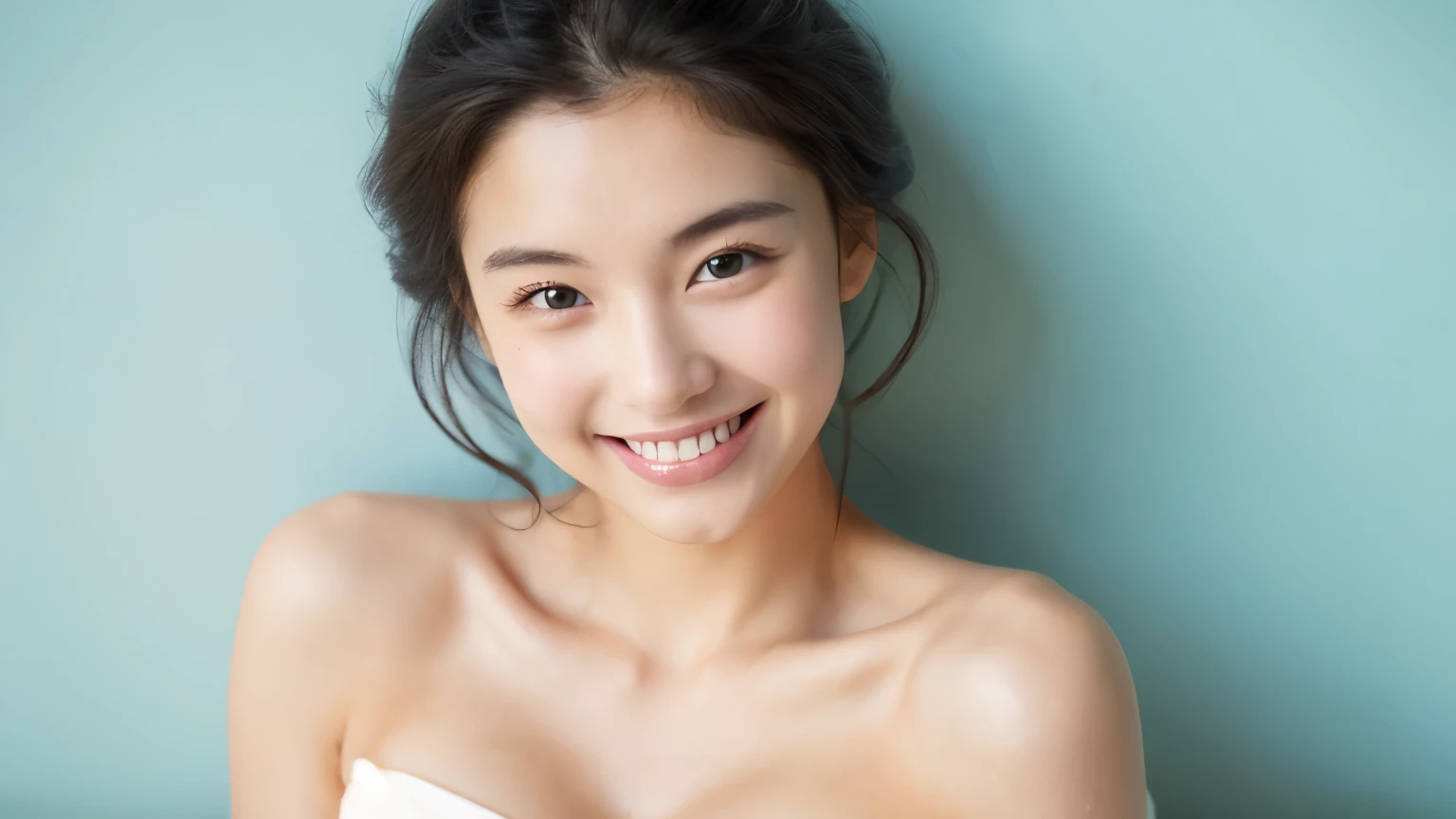 Studio shot of a pretty caucasian woman in her 20s with bright white skin and beautiful bare shoulders, smiling brightly