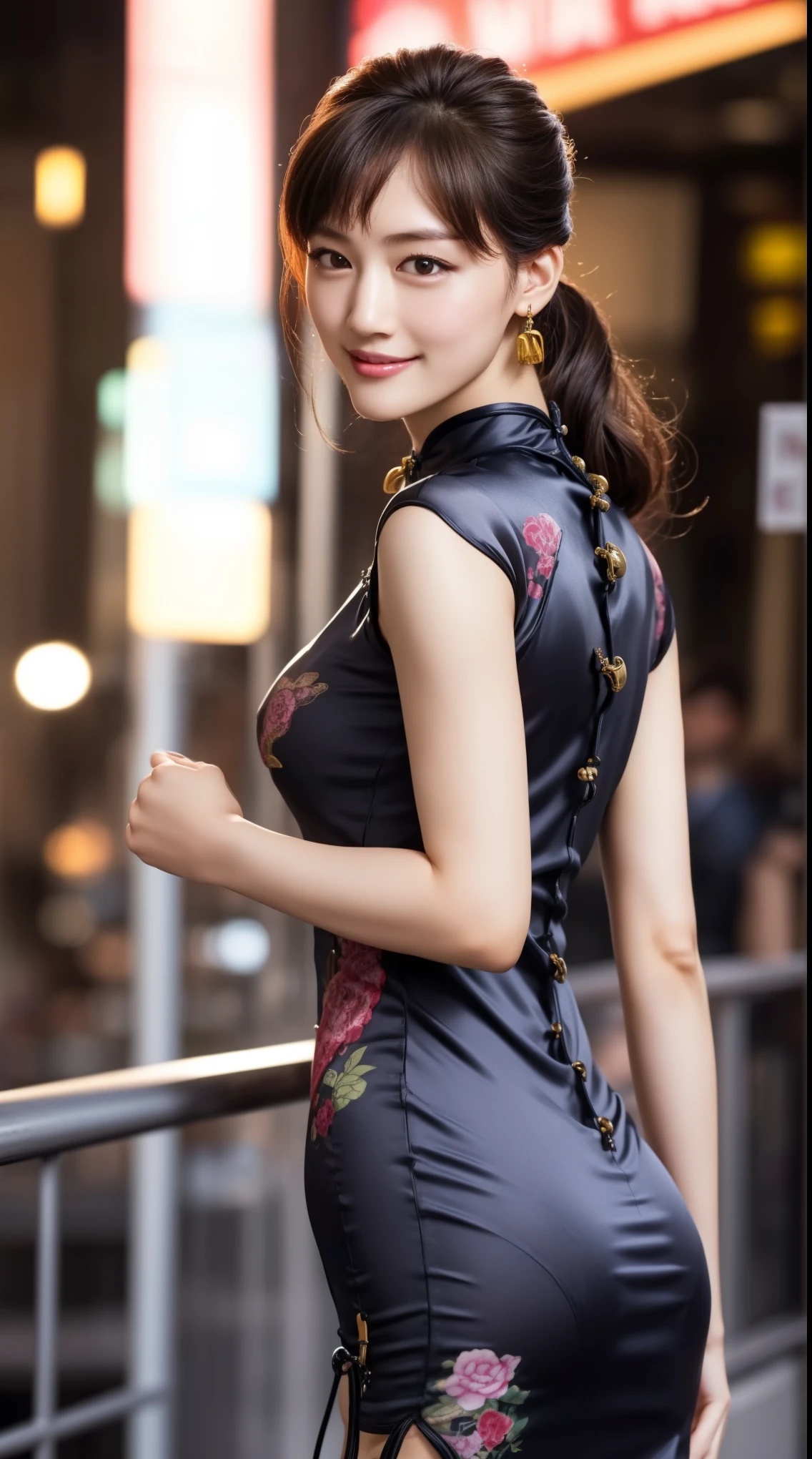 8k, table top, RAW photo, highest quality, realistic, Highly detailed CG Unity 8k wallpaper, Depth of the bounds written, cinematic light, Lens flare, ray tracing, (very beautiful face, beautiful lips, beautiful eyes), face with intricate details, ((highly detailed skin)) 1 girl, in the dark, deep shadow, cute korean girl, K-POPアイドル, 1 girl, (very slim and slender fit muscular body:1.3), ((looking at the viewer)),(big smile:1.3), (fashion city night, dark night, (neon sign), (blurred background), fashion street night),(no people in the background:1.3), beautiful earrings, bracelet, pantyhose, clear eyes, walk, (white skin), (Big eyes), look forward, (brown hair), (full body shot), ((silk cheongsam dress:1.3)), ((tight fit dress)), , (looking at the viewer:1.3) open chest, very slim, huge tit, go back, (buckshot), focusing, front of eyebrows,(tight dress), thick thighs,frameless glasses,beautiful ponytail