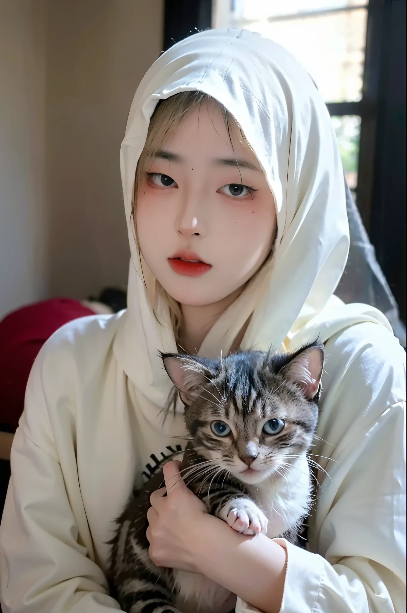 (8k, RAW photo:1.2)detailed face and eyes,最high quality, 超A high resolution, very detailed ,intricate details、bedroom、wearing hijab、pretty girl , soft movie-like light, hyper detail,sharp focus, high quality, dripping from, veil, hijab, muslim veil, jilbab, holding a kitten