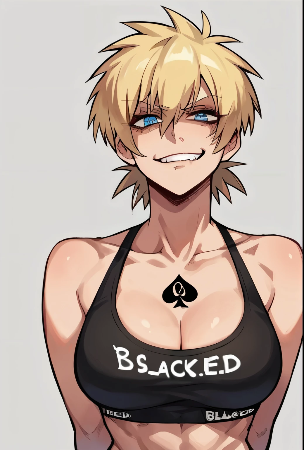 score_9, score_8_up, score_7_up, source_anime, solo, 1girl, seras victoria,  hellsing, smug, sinister smug expression, evil, looking at viewer, arms behind back, blonde hair, blacked, blacked underwear, BBC,  blue eyes, queen of spades tattoo, qos, queen of spades