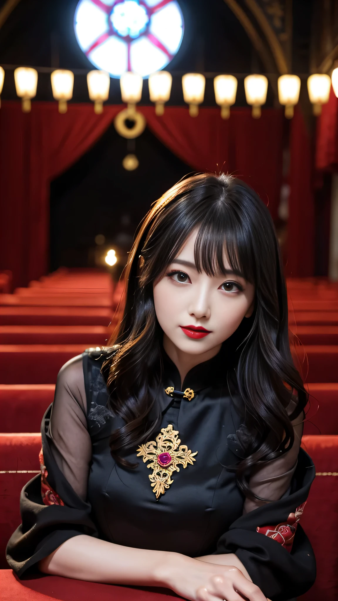 Super detailed、Japanese、charming beauty、seductive adult woman、Beautiful woman、sharp eyes、cool girl、wavy hair、long black cheongsam、wide sleeve、evilの幹部、evil depravity、brainwashing、Mind control、apply lipstick、grin、evilな表情、evil、empty eyes、evil、church at night、vampire、vampire、Hypnosia makeup brush