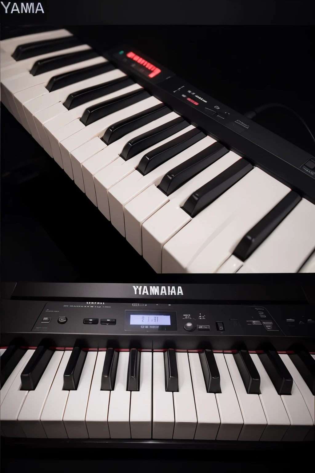 The musical instrument is called a portable instrument keyboard with the name Yamaha, black and white, there is an LCD screen in the middle of the keyboard, there are 61 keys and the buttons are square in shape.  (Black background, detail part, 4k, 3D, Animation)