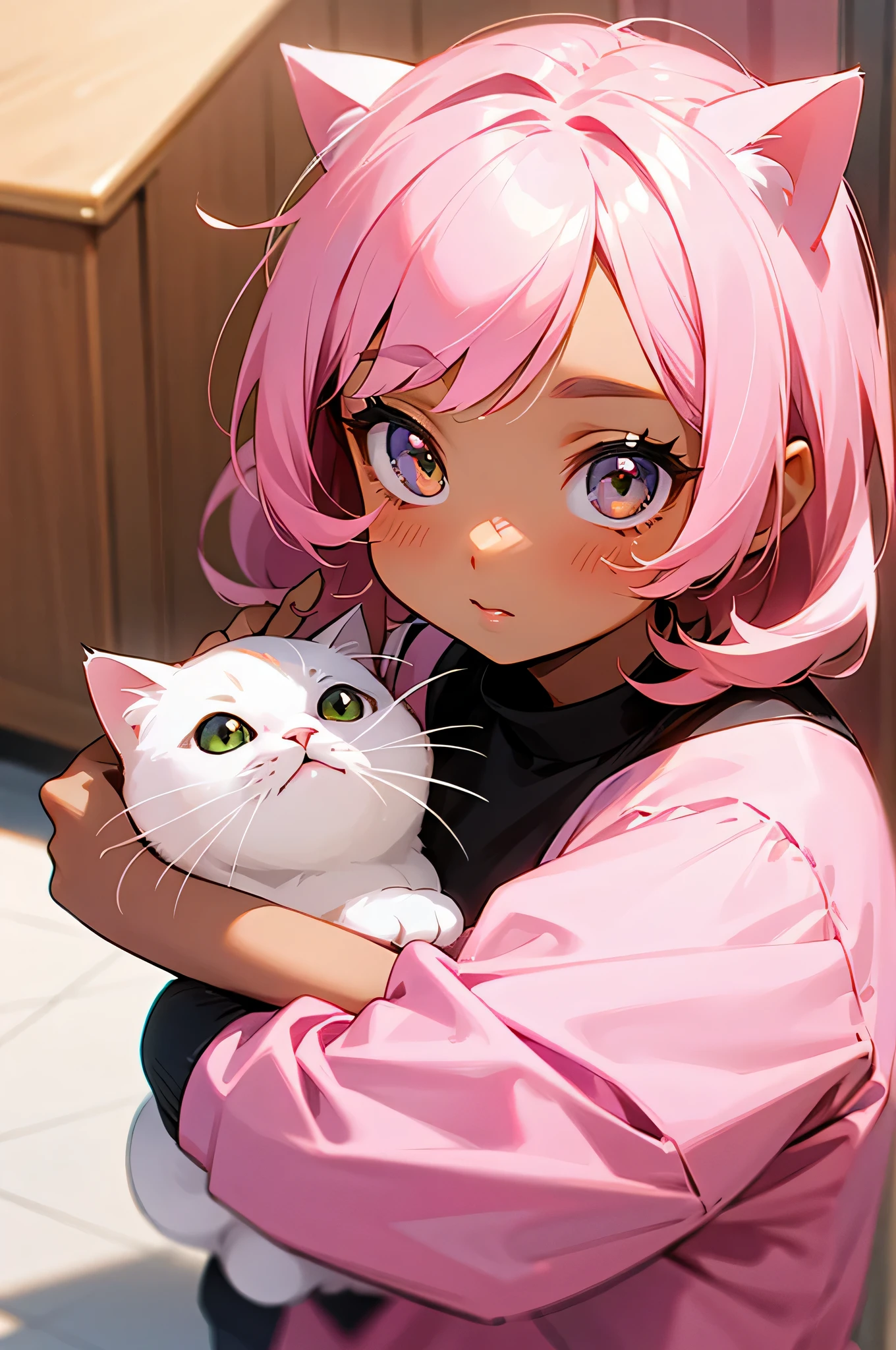 kawaii cat pink hair, brown skin,