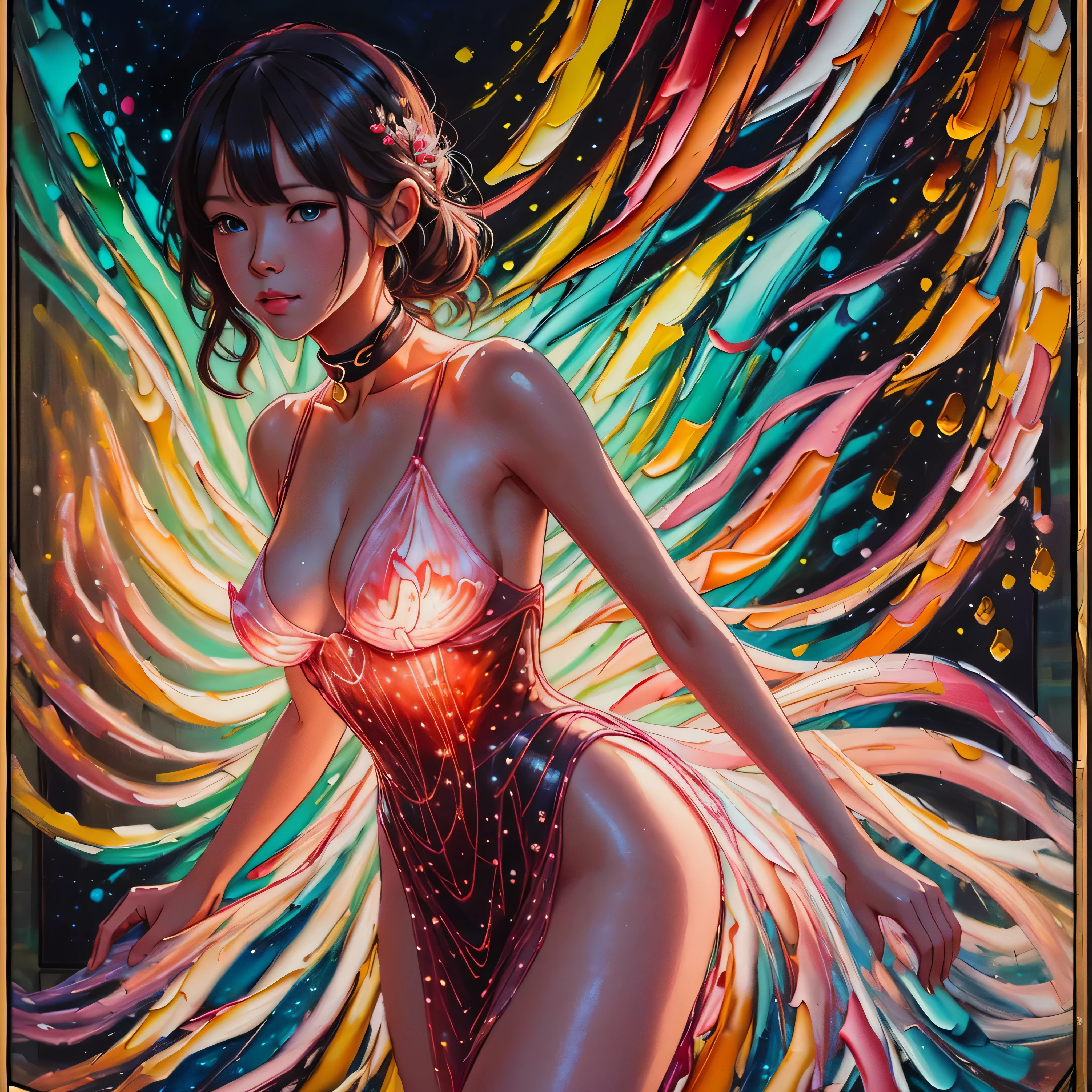 (Raw photo:1.2), (Photorealistic), Beautiful detailed girl, (oil painting:1.5), (NSFW:1.2), 1girl laying, feature, pureerosface_v1, Ambilight, slender waist, (splash, brushwork:1.5),double exposure, fussion of fluid abstract art,(original illustration composition),( fusion of limited color, maximalism artstyle, geometric artstyle) Incorporate vibrant colors, dynamic brushstrokes, and intriguing textures to capture the essence of the subject's inner world, black choker, pink ribbons, dynamic pose, delicate stockings, long shot]:0.8.