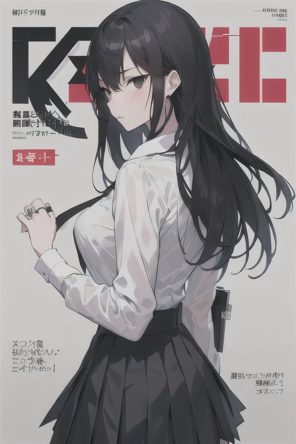 masterpiece, best quality, whole body, 1 girl, Bangs, 黑色long hair, 黑色skirt, blush, bracelet, Chest, clothes about waist, clavicle, collared shirt, cowboy shooting, dress shirt, ear punching, Eyebrows visible through hair, gradient hair, promote, jewelry, someone, long hair, looking at the audience, loose tie, tie, punching, lattice, lattice skirt, pleated skirt, black eyes, ring, uniform, shirt, skirt, indifferent, alone, white shirt, street, Sky,illustration, (Magazine:1.3), (cover-style:1.3), Fashionable, miss, Full set of equipment,front, colorful, Dynamic, background, element, Moderate, Express, Keep, statement, Accessories, majestic, coiled, about, touch, Scenes, text, cover, big胆的, striking的, title, fashionable, font, catchy, title, big, striking, modern, trend, focus, Fashion,Put your hands behind your back