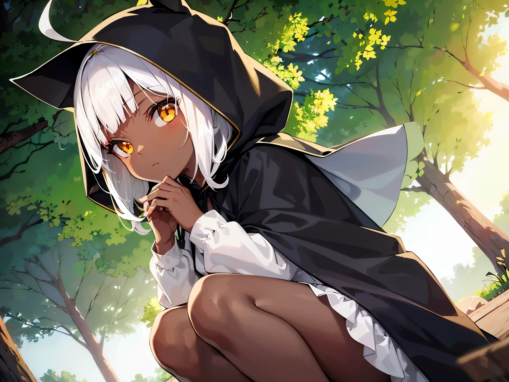 Cimematic vision, nigth, ((1girl)), (lolita), ((((Dark skin)))), ((((short white hair)))), (((blunt bangs))), yellow eyes, ((cabelo emaranhado)), ((((no expression)))), Sonolenta, ((ahoge)), ((((cloak with hood covering the entire body)))), desleixada, ((melhor qualidade)), ((obra de arte)), (detalhado), rosto perfeito, ((style novel)), ((in forest)), cores beautiful, ((((style anime Shikimori-san))))