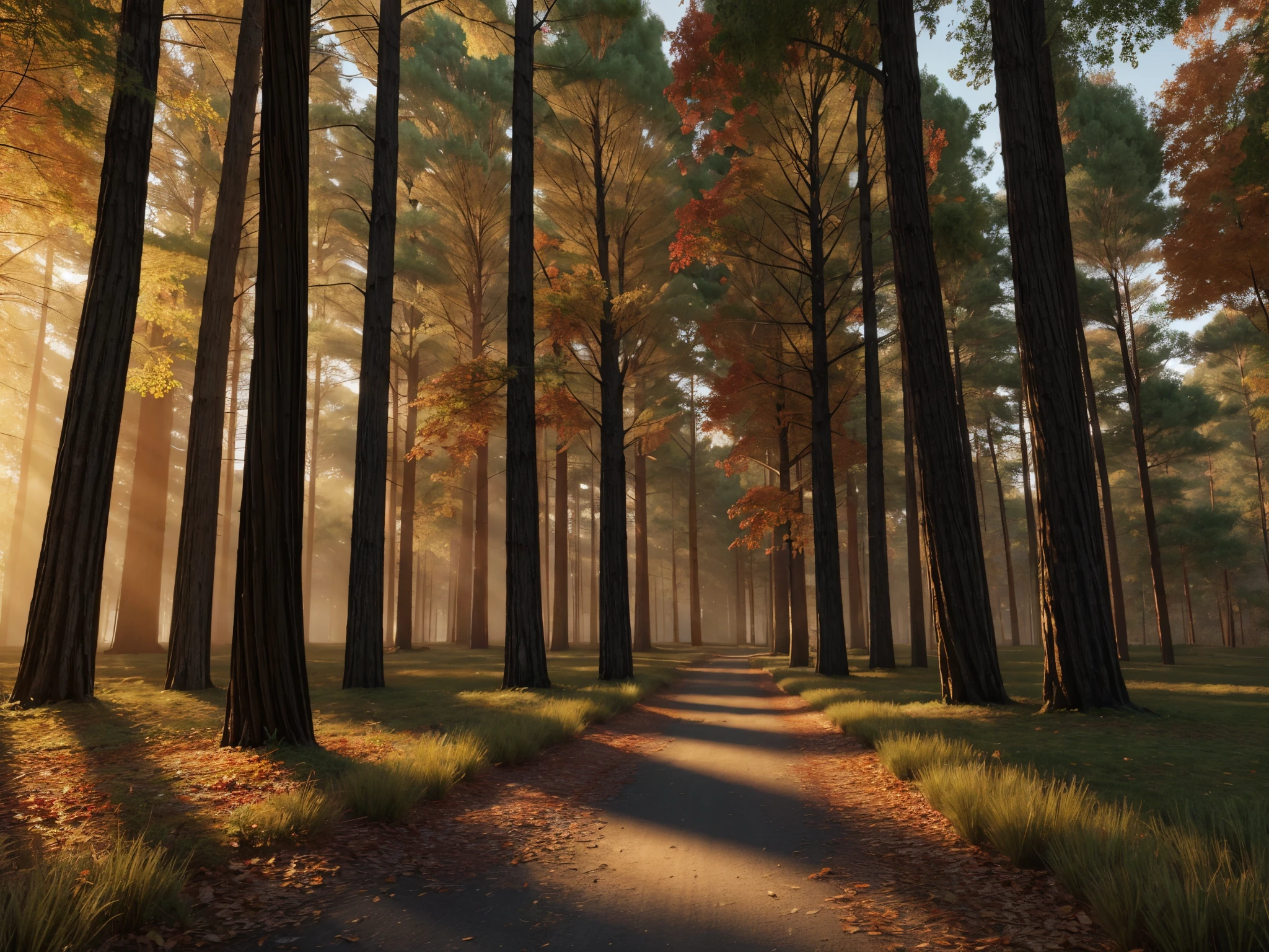 A stunningly realistic 8K 3D render of an autumn scots Pine forest, with ultra-sharp details and a cinematic feel. The sun filters through the canopy, casting a warm golden light on the carpet of vibrant orange and red ferns below. The massive Redwood trees stand tall and proud, their bark textured and weathered. The atmosphere is serene, with a sense of peace and tranquility., 3d render, photo, cinematic