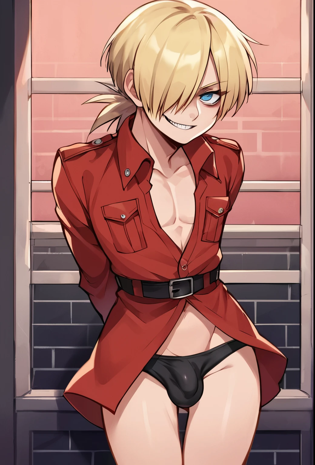 score_9, score_8_up, score_7_up, source_anime, solo, seras victoria, hellsing, smug sinister expression, 
Sinister, evil, looking at viewer, arms behind back, blonde hair, hair over one eye, blue eyes, Chines edress,  red gown,, sexy, flat chest, femboy, male, 1boy, genderbend, bulge, penis visible outline, penis bulge outline, open shirt, exposed thighs 