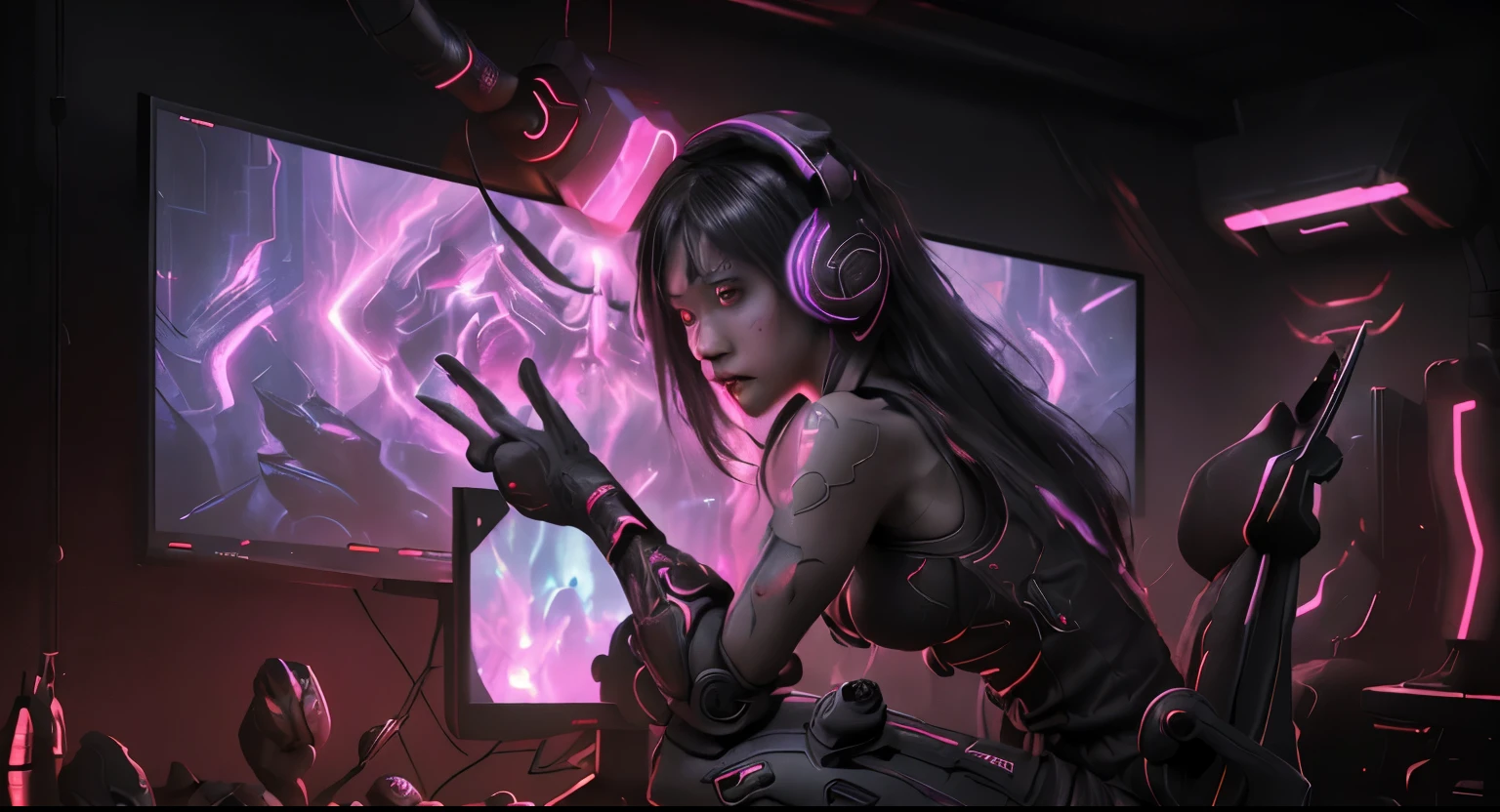 a girl playing video games,artistic portrait,keyboard,mouse,headphones,LED lights,high-res,ultra-detailed,professional,gaming setup,bright colors,studio lighting,serious facial expression,game controller, sexy casual clothing,concept artists, a cozy gamer room, gaming setup, colorful LED lights, comfortable gaming chair, high-resolution gaming monitor, gaming PC with powerful graphics card, gaming headset, gaming keyboard and mouse, posters of favorite video games, shelves full of game collection, game consoles with controllers, energy drinks and snacks on the table, immersive gaming experience, futuristic atmosphere, vibrant colors, dynamic lighting, intense gameplay, ultimate gaming setup, ultra-realistic graphics, competitive gaming environment. gamer room, gamer girl, streamer, camera, game on the monitor, leds rgb. gaming chair, one medium monitor, dark room, backlit screens, the best room with decoration for the player, night, beautiful girl, sitting naked on a gaming chair, slim body, perfect face, very high resolution, (beautiful ), nsfw, all detailed, unbuttoned vest, ultra detailed artistic photography, gorgeous face, hyperdetailed, photorealistic, digital painting, digital illustration, extreme detail, digital art, photorealistic, 32k, high-resolution,(best quality,4k,8k),ultra-detailed,(realistic,photorealistic,photo-realistic:1.37),portraits,concept artists,scenes,(vibrant colors,vivid colors:1.1),(sharp focus,detailed:1.1),illustrations,video game theme,character design,interactive experience,immersive art,realistic rendering,advanced lighting,3D models,(dynamic poses,action poses:1.1),young adults,modern technology,game controller design,animated characters,surrounding environment,special effects,(suspenseful atmosphere,tense atmosphere:1.1),game interface design,attractive aesthetics,(fantasy elements,magical creatures:1.1),intense emotions,endless possibilities, asian girl, long hair, ultra high deatiled, realistic, ultra high quality wallpaper