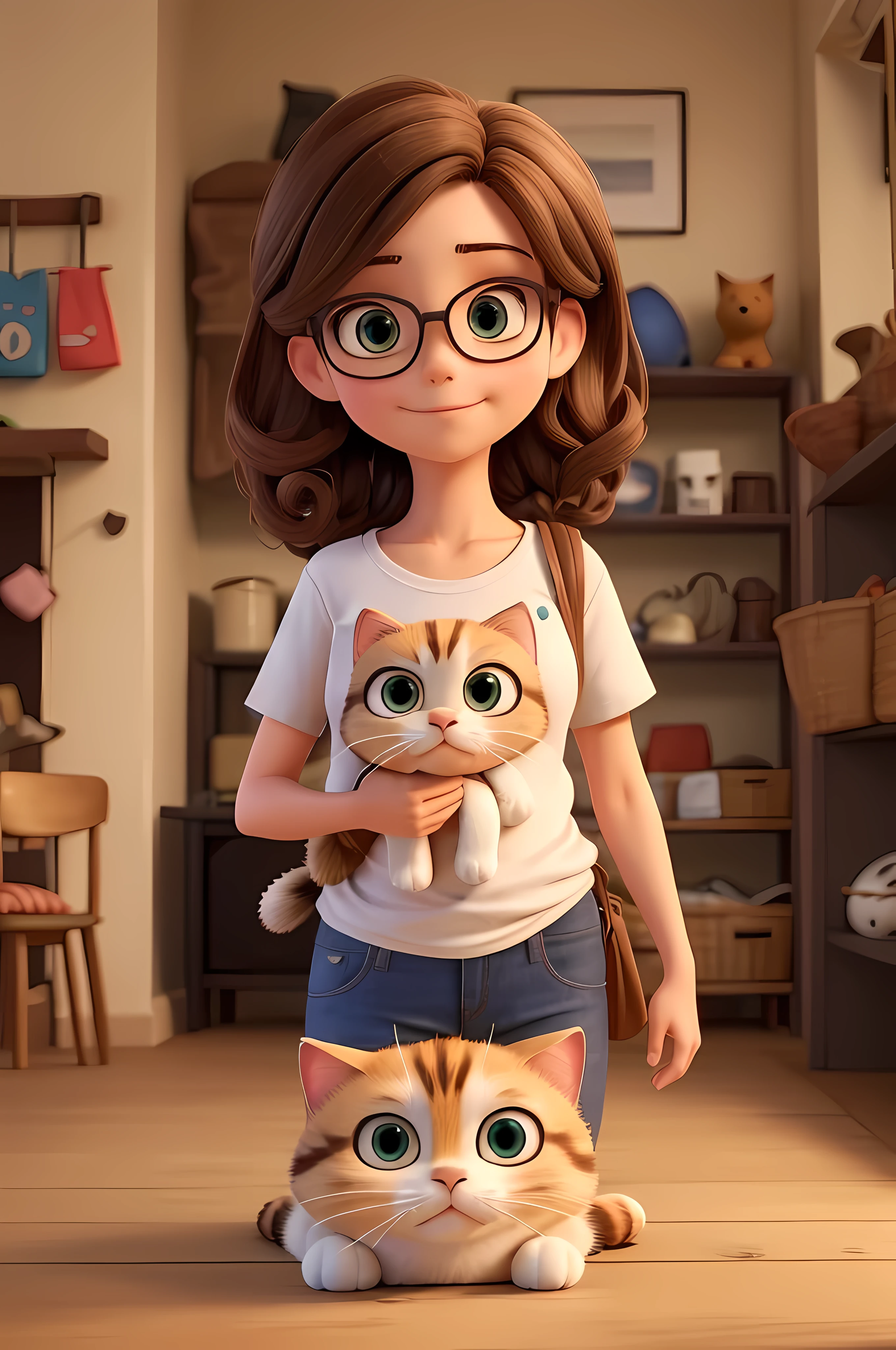 Mulher bonita, 40s, cabelo castanho liso, olhos castanhos escuros, copos, vestindo uma camiseta com um gato desenhado, ela segurando o gato, affection