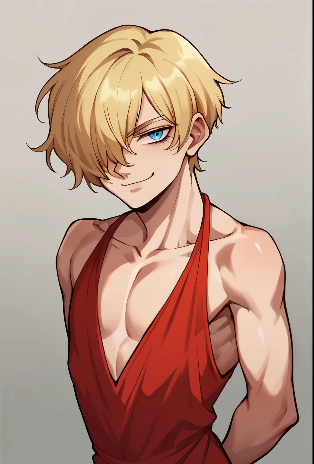 score_9, score_8_up, score_7_up, source_anime, solo, berserk,  farnese, smug sinister expression, 
Sinister, evil, looking at viewer, arms behind back, blonde hair, hair over one eye, blue eyes, Chines edress,  red gown,, sexy, flat chest, femboy, male, 1boy, genderbend