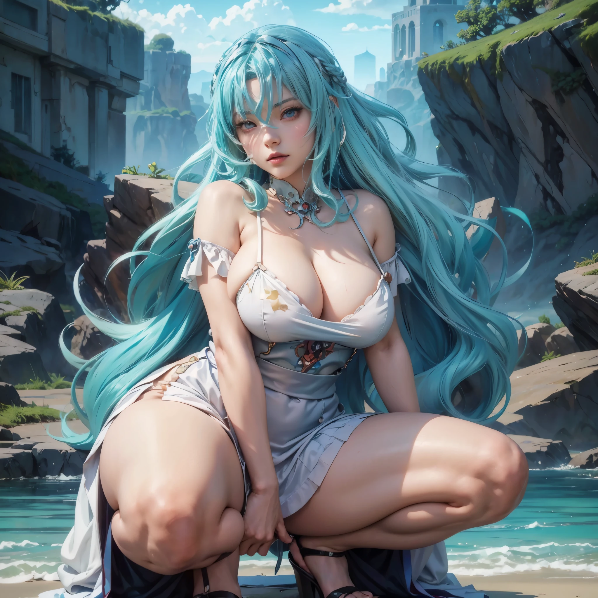 anime girl with blue hair kneeling on the beach with a sword, seductive anime girl, anime goddess, anime style 4 k, anime girl with teal hair, anime! 4k, anime! 4 k, detailed digital anime art, 2. 5 d cgi anime fantasy artwork, badass anime 8 k, 8k high quality detailed art