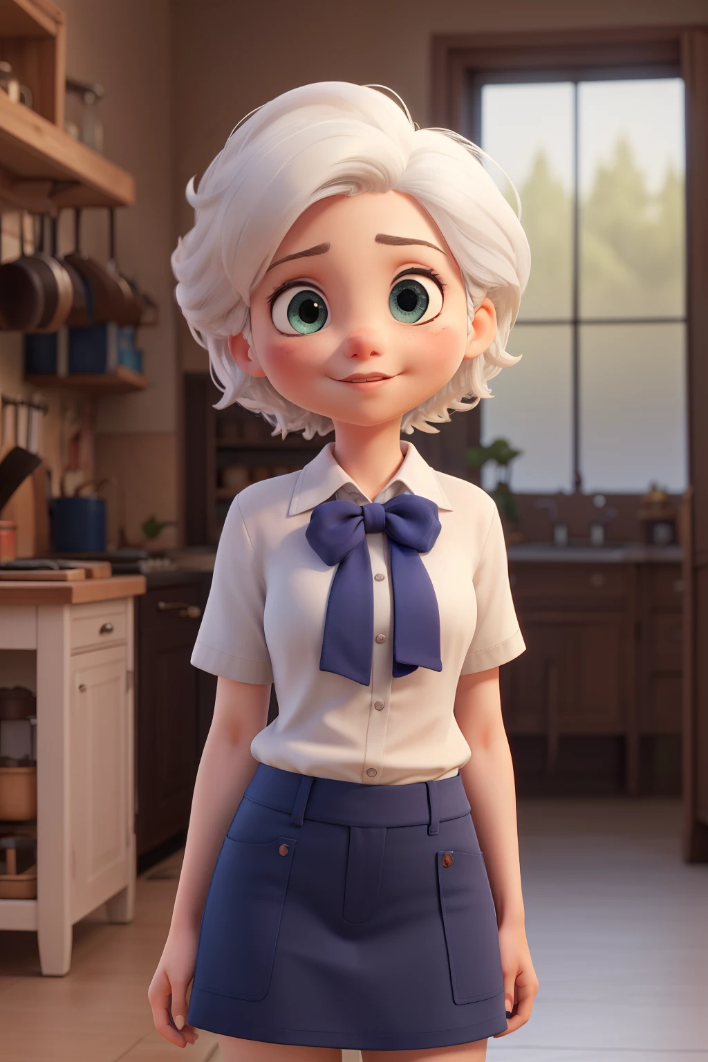 (8k, RAW photo, masterpiece:1.3), (realistic, photo-realistic:1.37), (night), (looking at viewer:1.331), (white hair), posing, kitchen,, soft light, 1girl, extremely beautiful face, bust, holding a cake, Random hairstyle, Random expression, big eyes, lower abdomen, (short-sleeved .JK_shirt), JK_style, (dark blue JK_skirt), (bow JK_tie), mix4., best quality