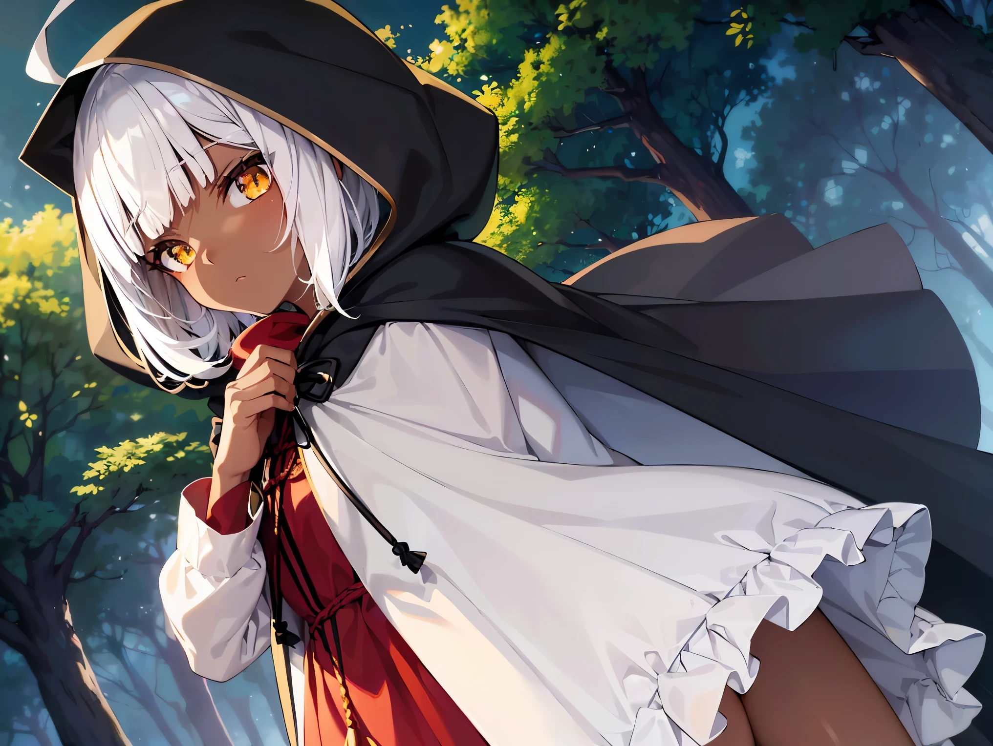 Cimematic vision, nigth, ((1girl)), (lolita), ((((Dark skin)))), ((((short white hair)))), (((blunt bangs))), yellow eyes, ((cabelo emaranhado)), ((((no expression)))), Sonolenta, ((ahoge)), ((((cloak with hood covering the entire body)))), desleixada, ((melhor qualidade)), ((obra de arte)), (detalhado), rosto perfeito, ((style novel)), ((in forest)), cores beautiful, ((((style anime Shikimori-san))))