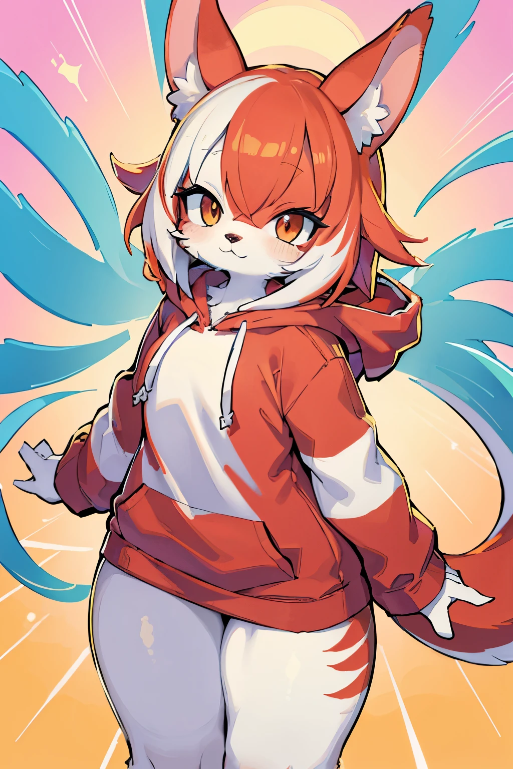 (best quality,highres,ultra-detailed),colorful anime background,cheerful furry character with red and white hoodie,soft furry texture,expressive animal eyes,fluffy tail,warm sunlight,playful atmosphere,vibrant colors,shiny highlights,strong contrast,smooth brush strokes.