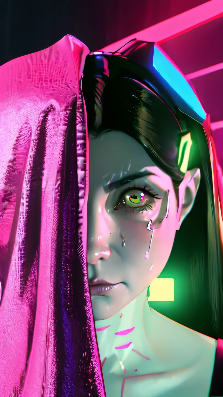 sad female cyberpunk, crying, yellow pink background cyberpunk city