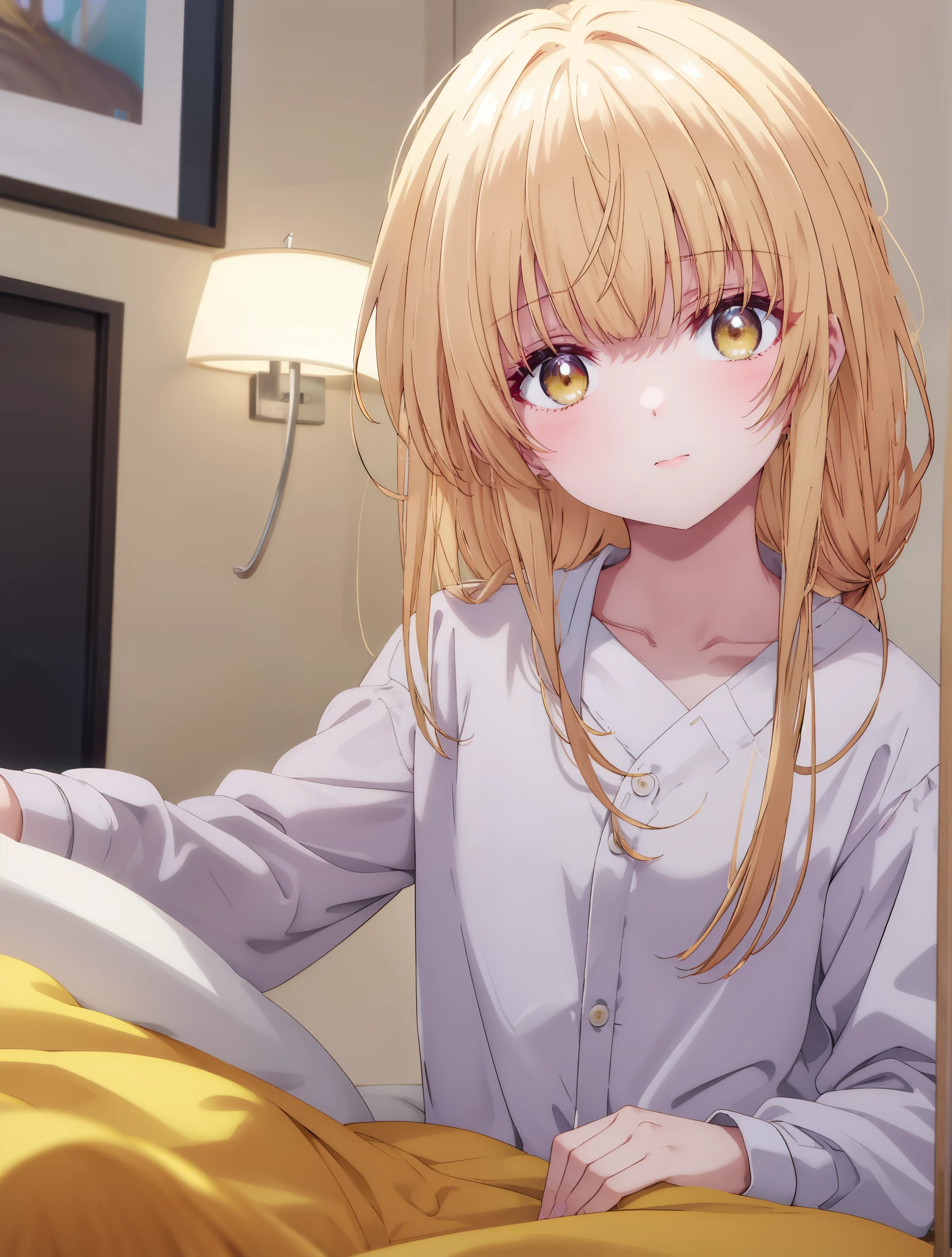 mahirushiina, Mahiru Shiina, bangs, blonde hair, brown hair, (yellow eyes:1.3), smile,wake up,sleepy,open shirt,black string underwear,barefoot,smile，Bedroom，light goes out,sitting on the bed,windows，ロマンチックなmorning日,morning,extreme light，Destroy your whole body indoors,Bedroom
壊す (masterpiece:1.2), highest quality, High resolution, unity 8k wallpaper, (figure:0.8), (detailed and beautiful eyes:1.6), highly detailed face, perfect lighting, Very detailed CG, (perfect hands, perfect anatomy),