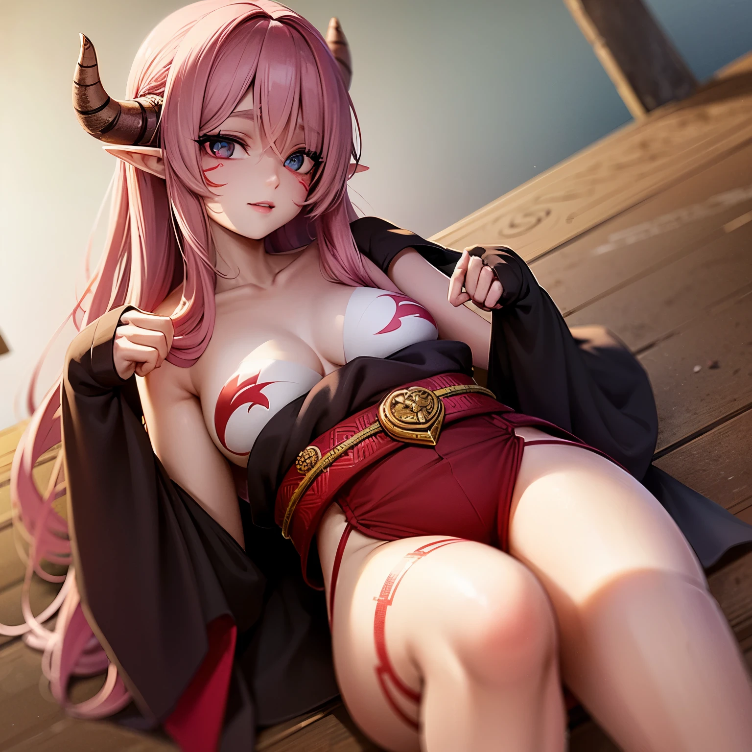 A female elf that looks like a young woman. She has long and messy pink hair. Her skin is light brown and she has a scar over her nose. She has red horns and red face paint. She wears a red and white kimono.