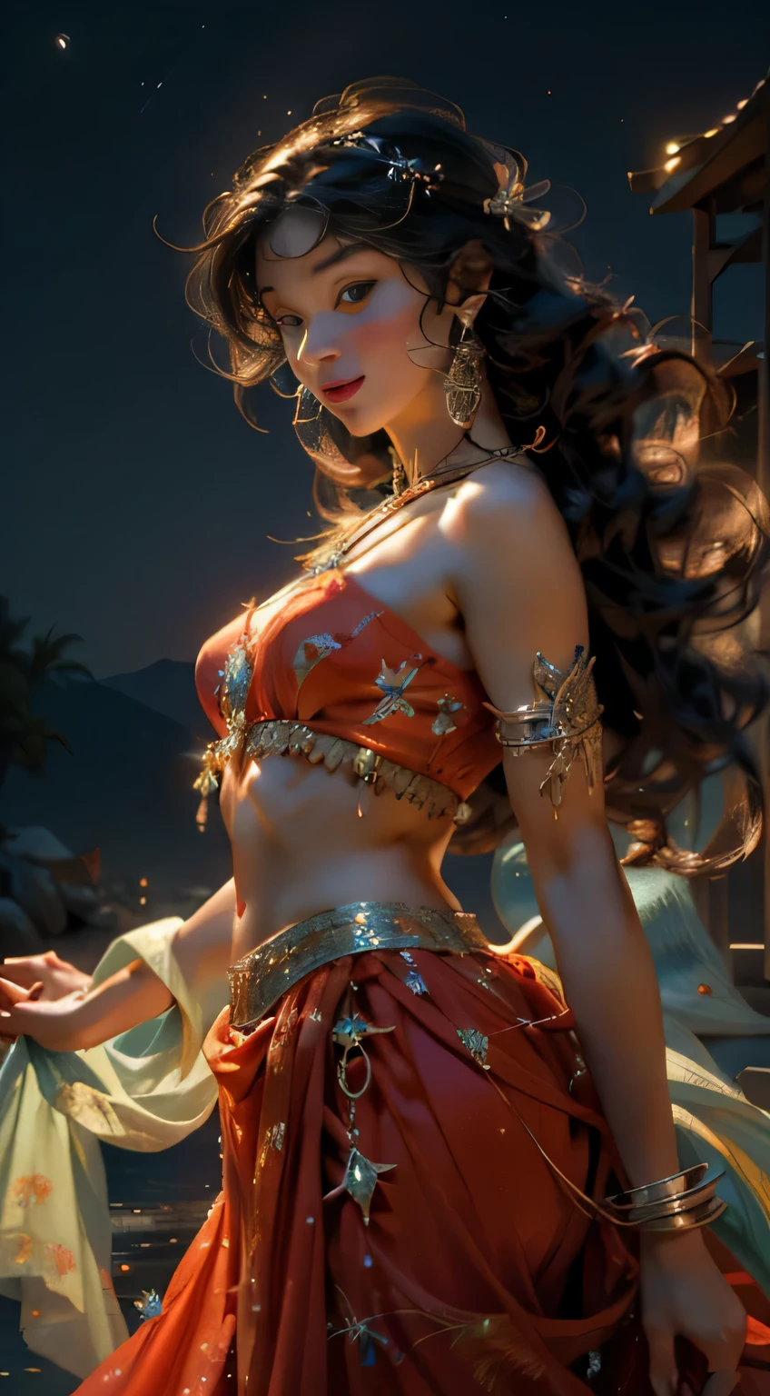 jasmine princess, Jasmine Disney princess, 1girl,beautiful face, big breasts, solo, looking at viewer, smile,red lips, sexy body, shirt, bare shoulders, jewelry, standing, full body, flower, earrings, pants, off shoulder, crop top, makeup, bird, border, moon, full moon, off-shoulder shirt (realistic:1.2), (realism), (masterpiece:1.2), (best quality), (ultra detailed), (8k, 4k, intricate),(full-body-shot:1), (85mm),light particles, lighting, (highly detailed:1.2),(detailed face:1.2), (gradients), sfw, colorful,(detailed eyes:1.2)(detailed background),detailed landscape, (dynamic angle:1.2), (dynamic pose:1.2), (rule of third_composition:1.3), (Line of action:1.2)