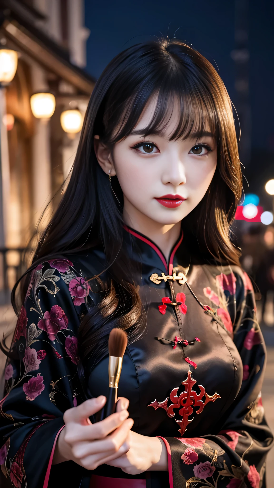 Super detailed、Japanese、charming beauty、seductive adult woman、Beautiful woman、sharp eyes、cool girl、wavy hair、long black cheongsam、wide sleeve、evilの幹部、evil depravity、brainwashing、Mind control、apply lipstick、grin、evilな表情、evil、empty eyes、evil、church at night、vampire、vampire、Hypnosia makeup brush