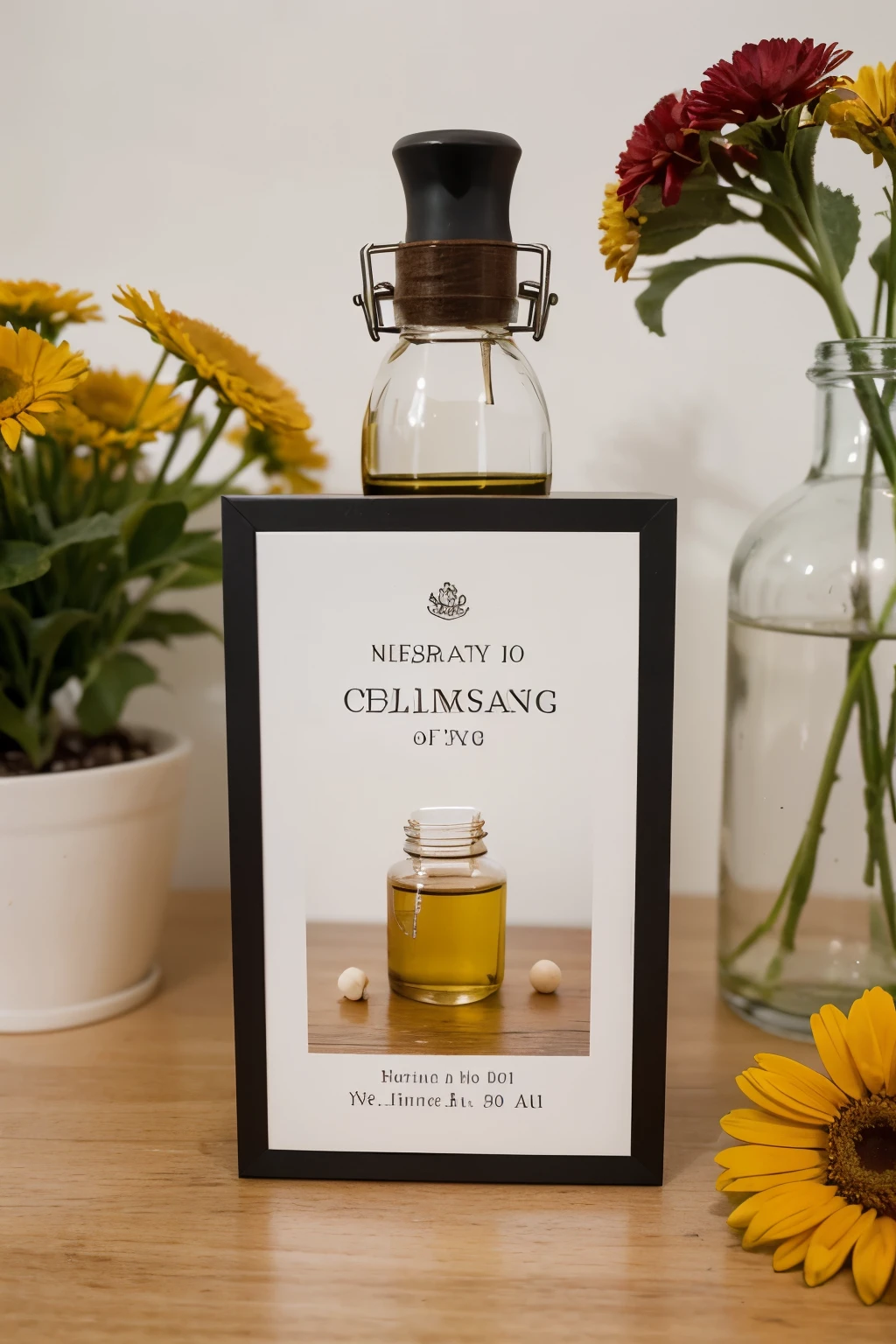 Generate an image of a blank card measuring 5"x9" in an upright position. On one side, depict two small dark glass bottles of aromatherapy oils, each equipped with a dropper. In the background, include a vase of calendula flowers. Capture the essence of serenity, holistic well-being, and natural healing, inviting viewers to imagine personalized messages of comfort, support, or celebration to accompany the scene. Necessary include close-up of card size 5"x9 in upright position.