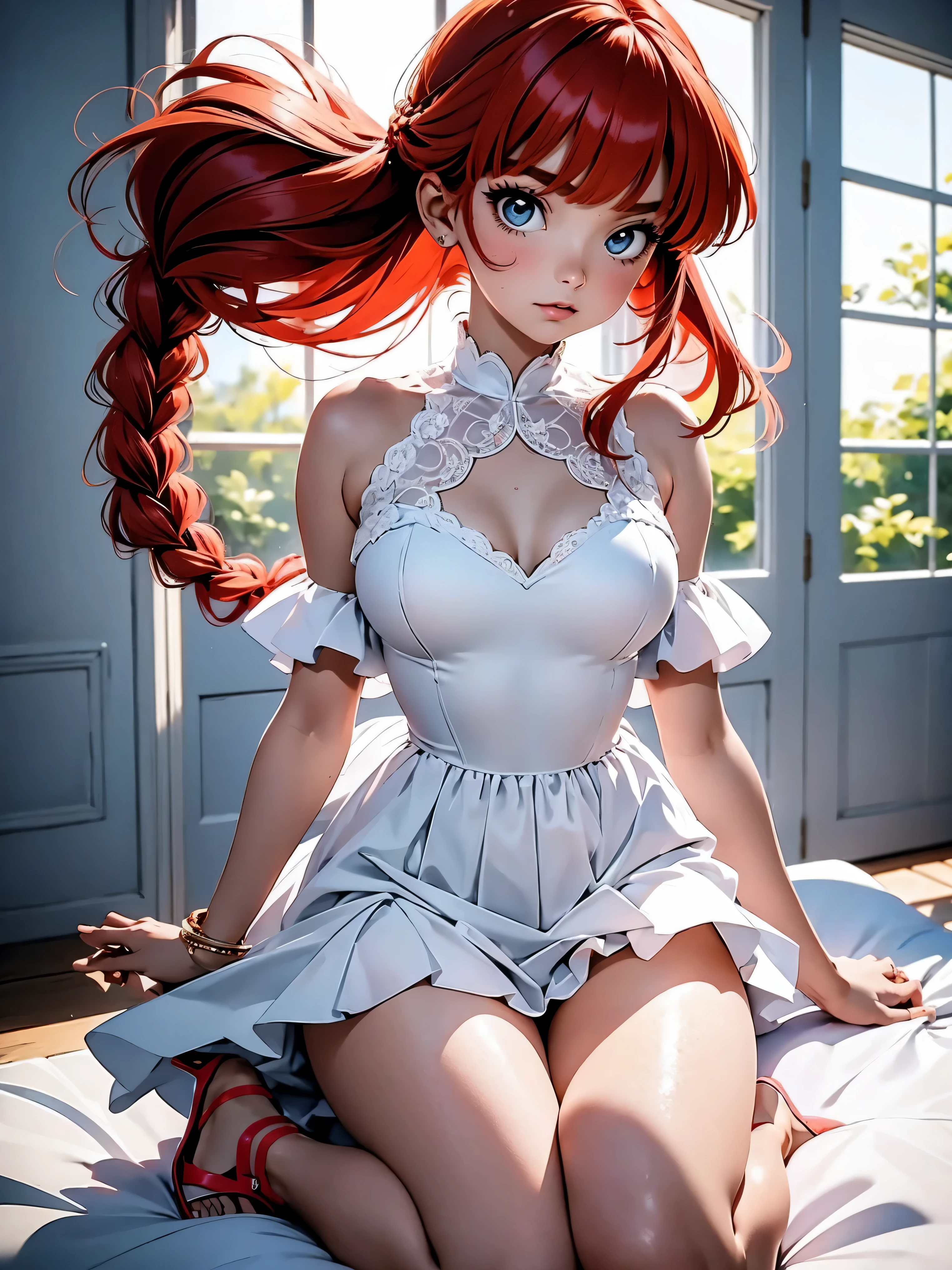 1 girl, solo, (nsfw), cute redhead 18-year-old girl in twin tails, ((perfect female body)) (rainbow colored hair: 1.2), (beautiful detailed blue eyes: 1.6), (photo realistic eyes: 1.6), happy, Ukrainian, (petite body), ((small hips)), pale white skin, wearing a (white pantyhose playboy bunny) outfit, ((sheer)) ((see through)), (camel toe), frilly edges, frilly, shiny oily pantyhose, post apocalyptic background, bleak barren desert, very dark sky background, photo realistic, dynamic lighting.